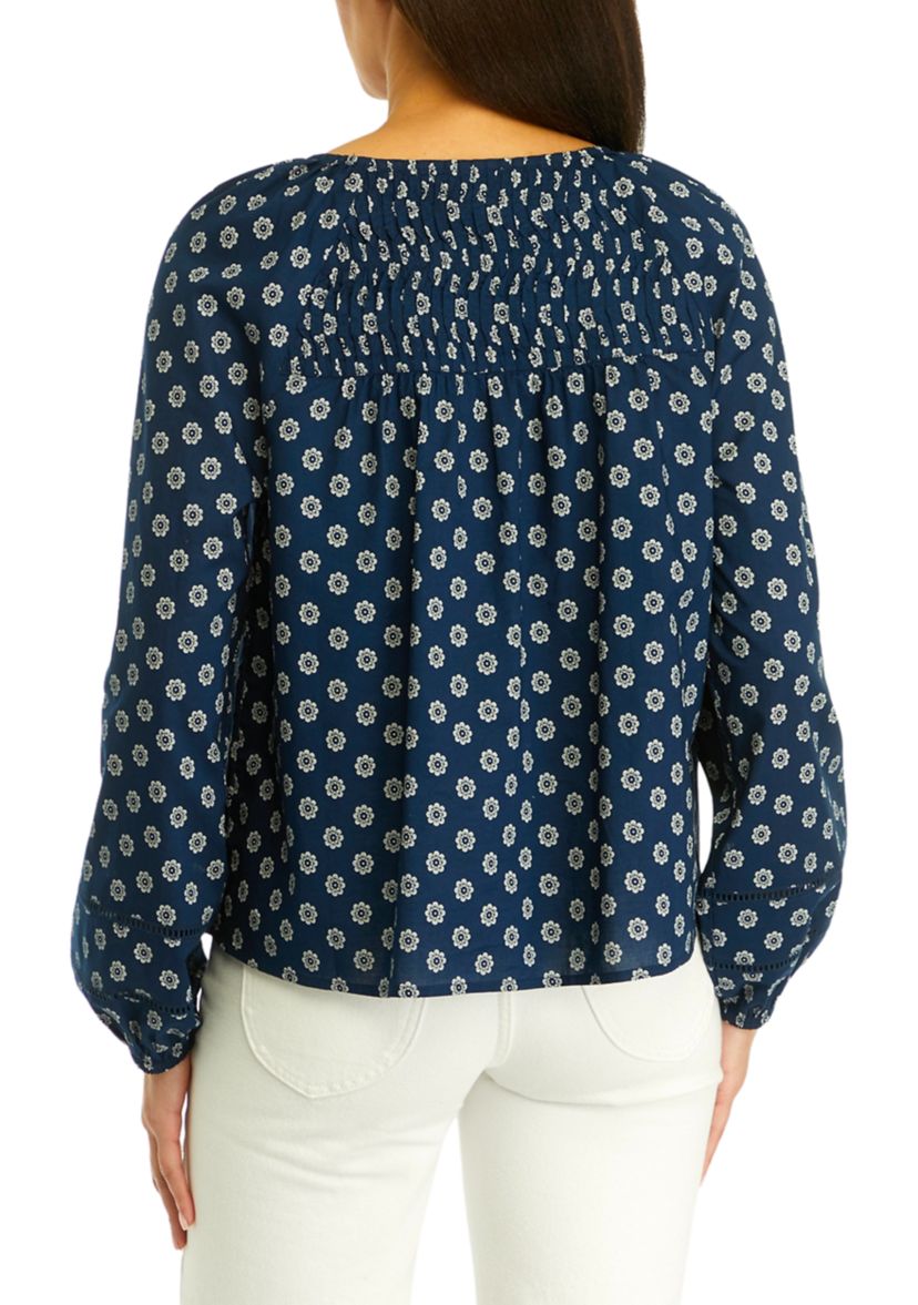Womens Pintuck Yoke Button Down Printed Top