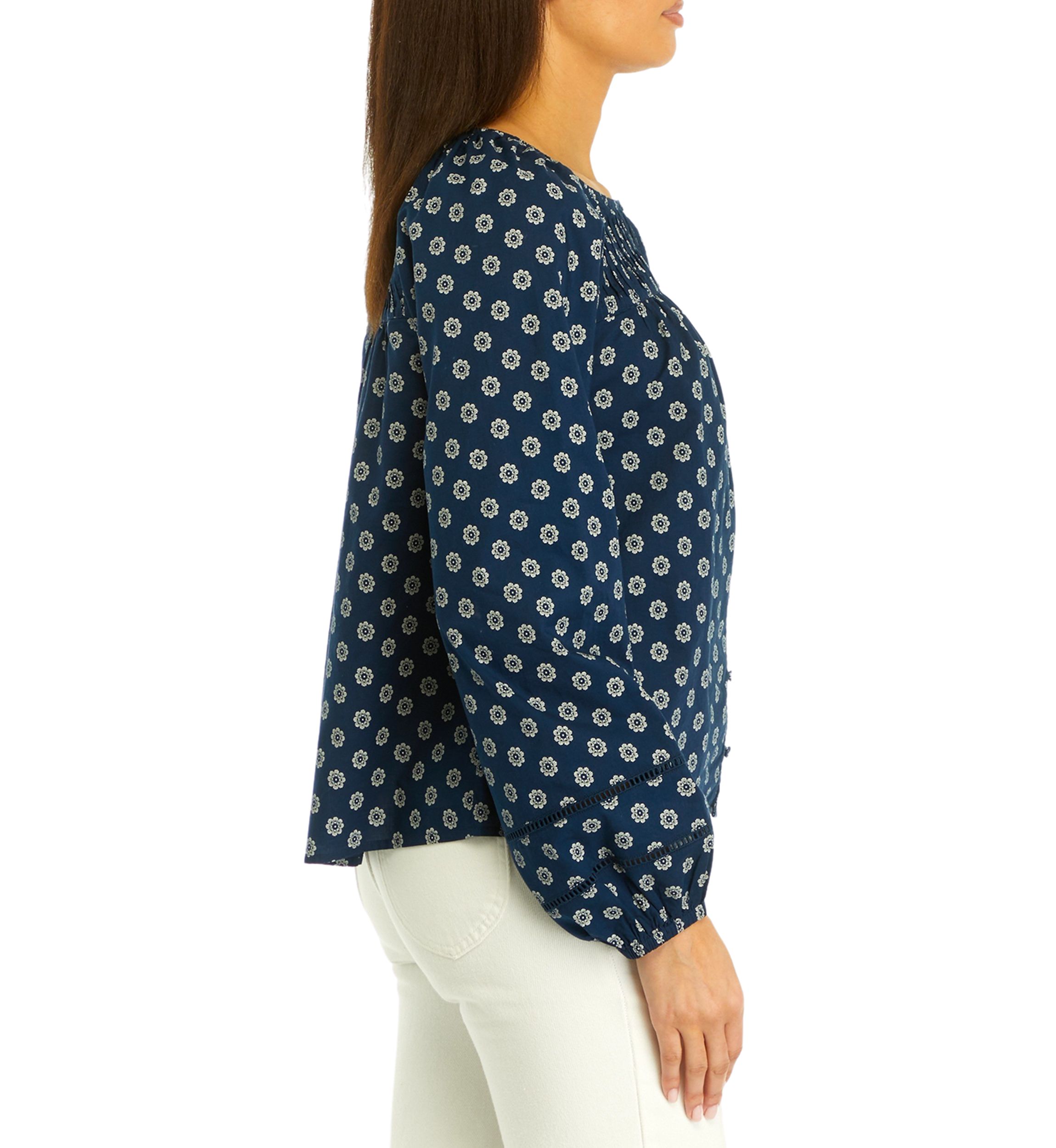 Womens Pintuck Yoke Button Down Printed Top