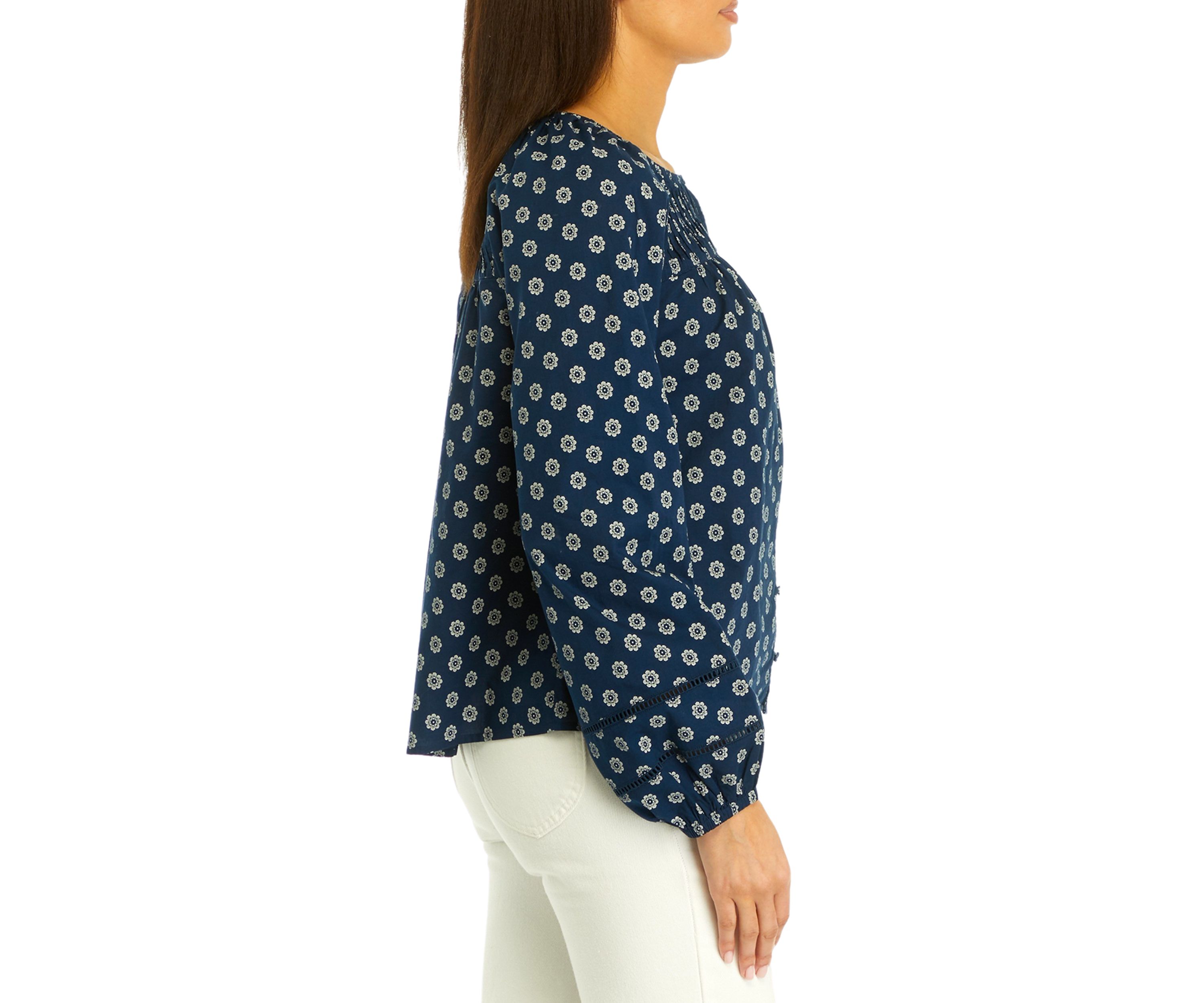 Womens Pintuck Yoke Button Down Printed Top
