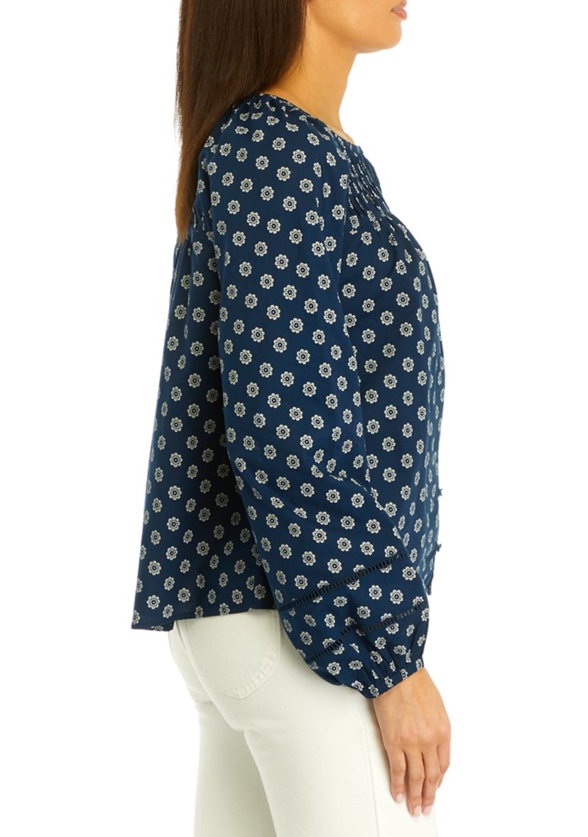 Womens Pintuck Yoke Button Down Printed Top