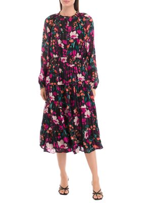 Womens Smocked Waist Printed Midi Dress