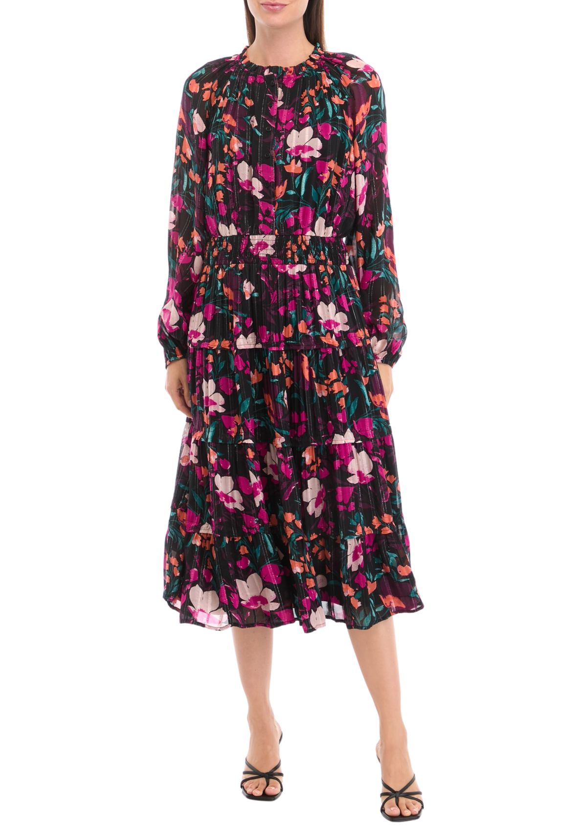Womens Smocked Waist Printed Midi Dress