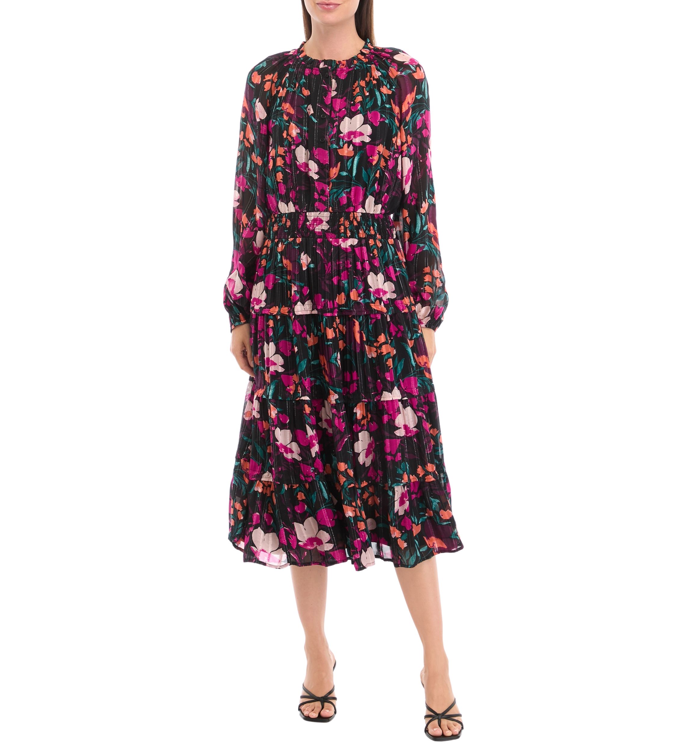 Womens Smocked Waist Printed Midi Dress