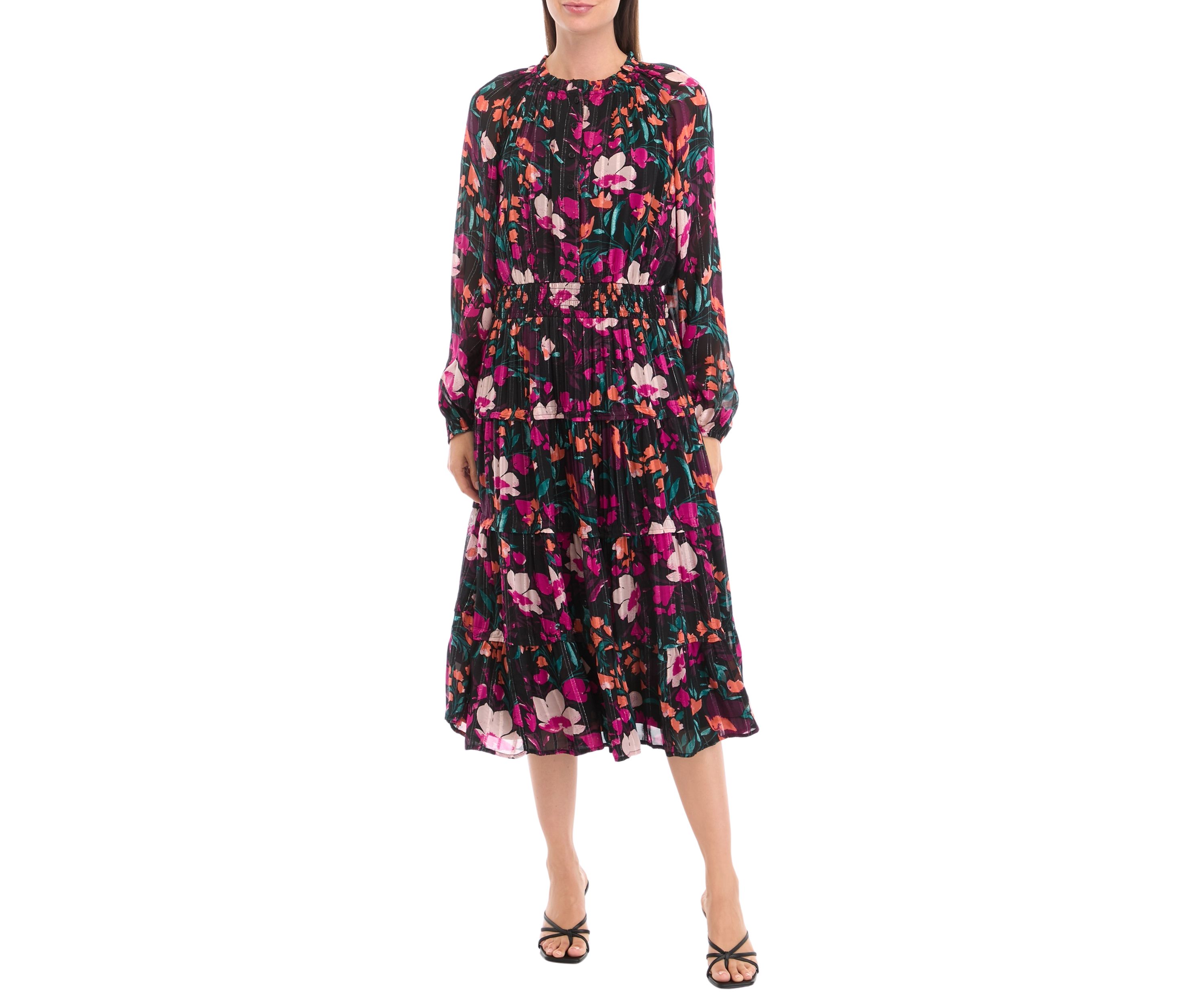 Womens Smocked Waist Printed Midi Dress