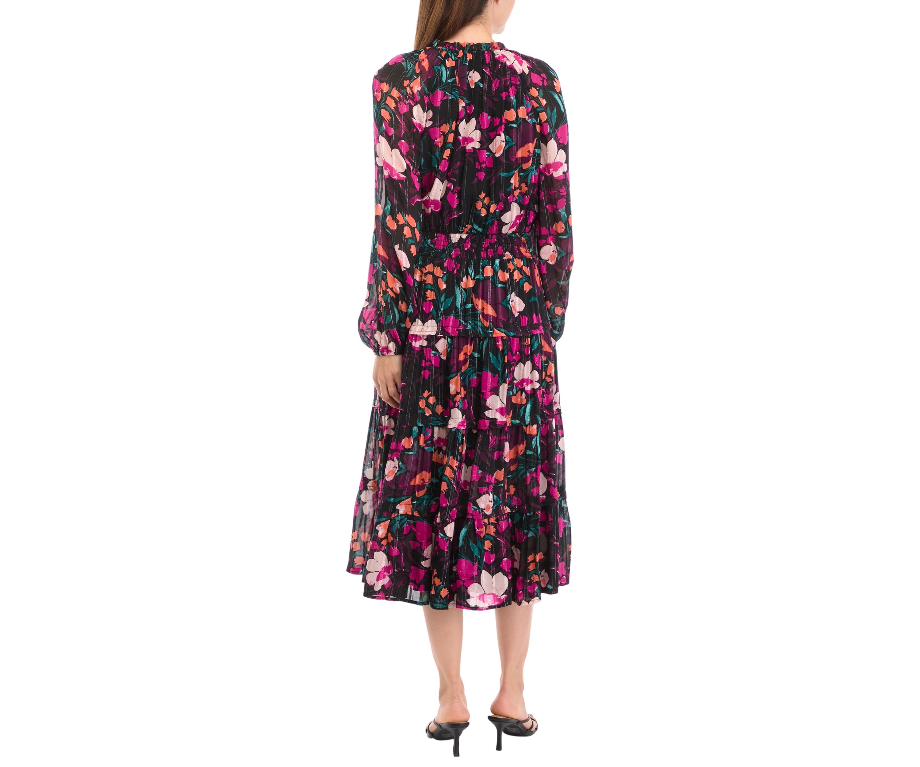 Womens Smocked Waist Printed Midi Dress