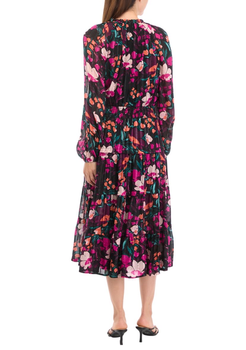 Womens Smocked Waist Printed Midi Dress