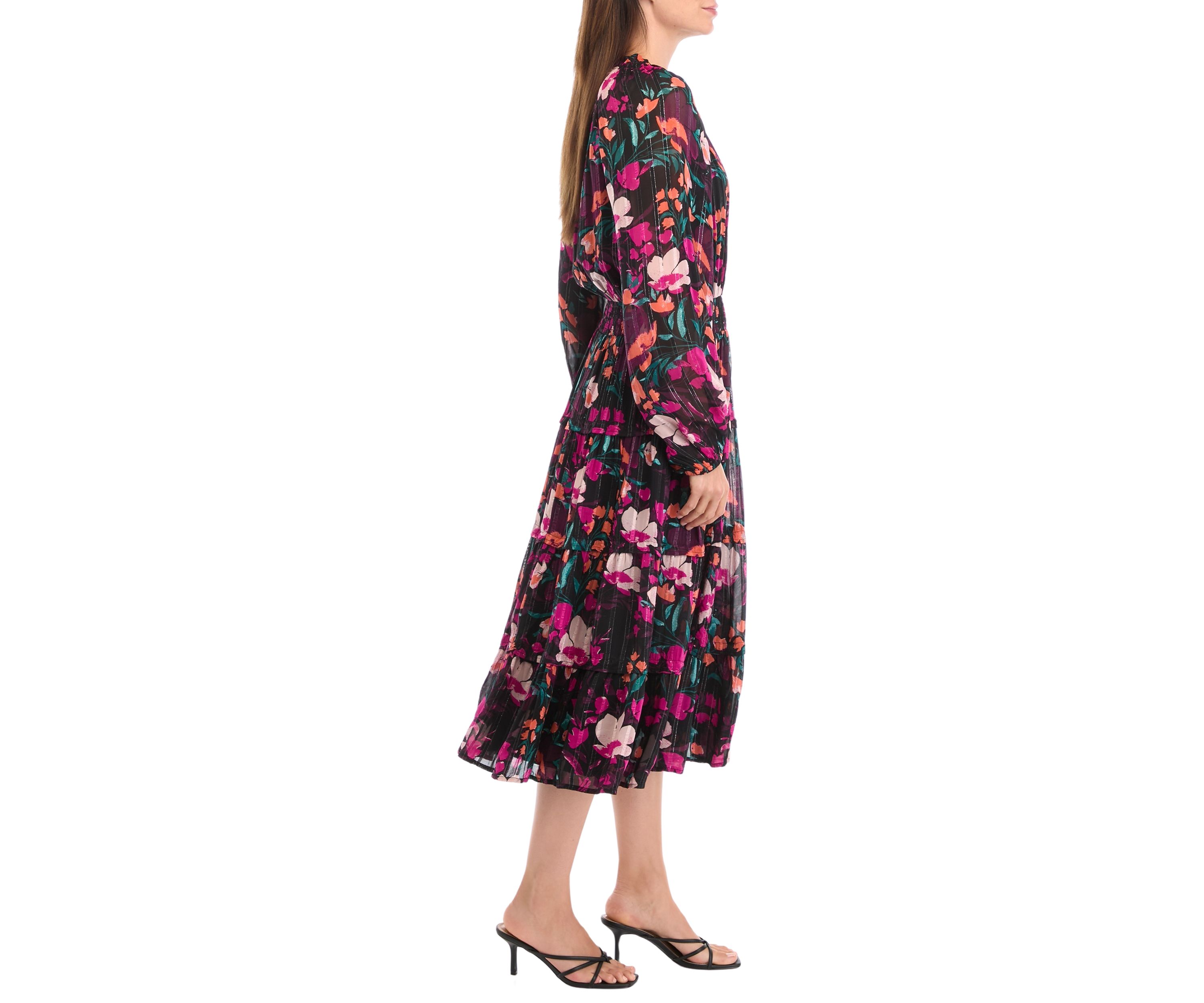 Womens Smocked Waist Printed Midi Dress