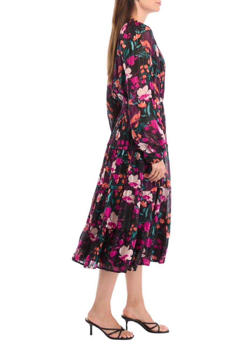 Womens Smocked Waist Printed Midi Dress