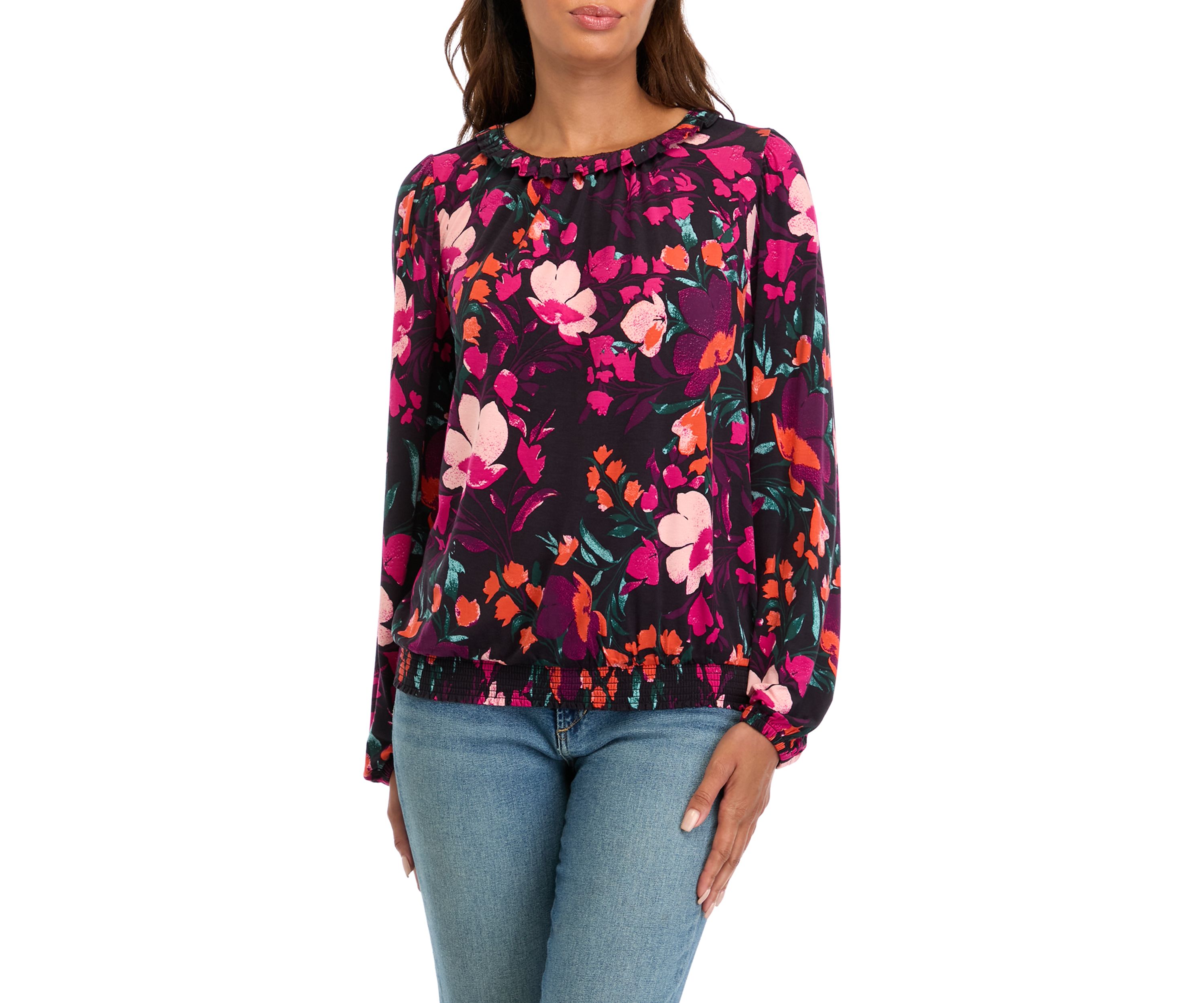 Womens Long Sleeve Banded Bottom Printed Top