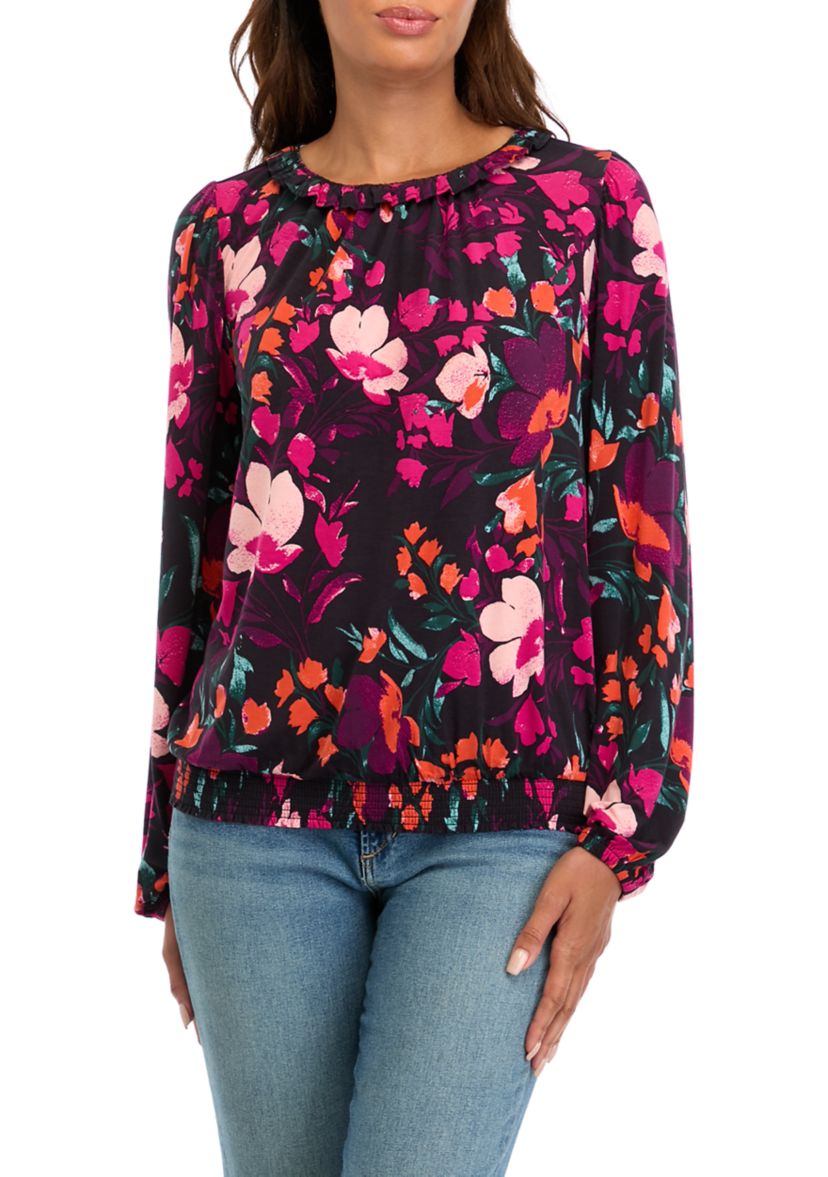 Womens Long Sleeve Banded Bottom Printed Top