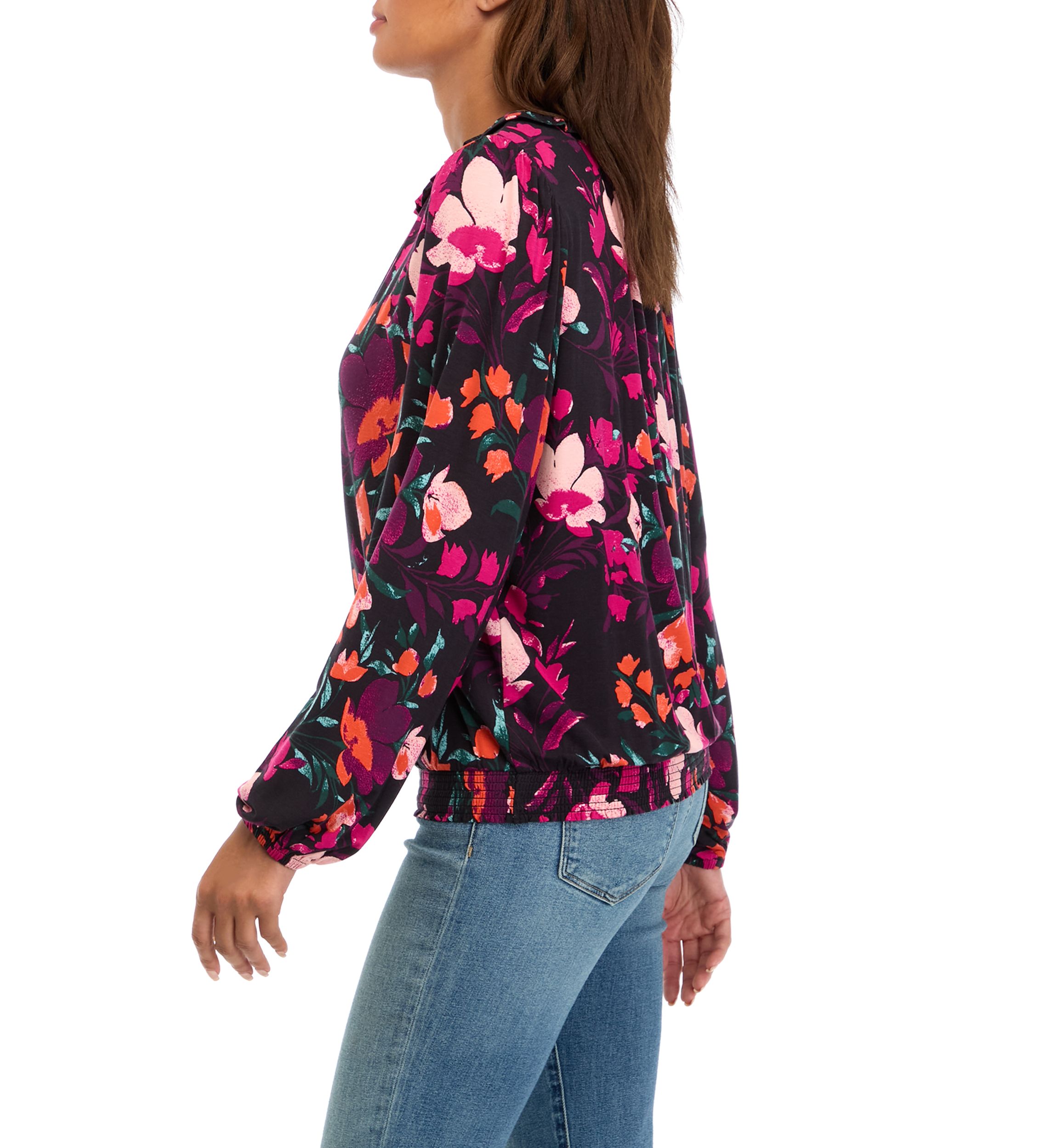 Womens Long Sleeve Banded Bottom Printed Top