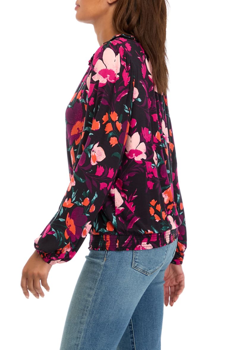 Womens Long Sleeve Banded Bottom Printed Top