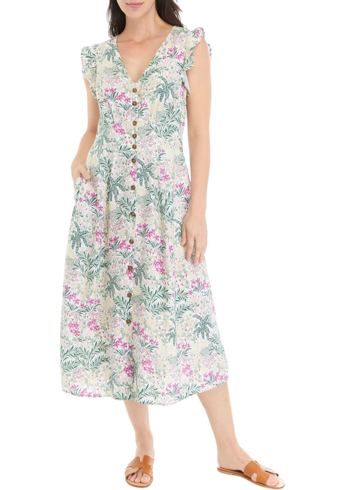 Womens Button Front Printed Midi Dress