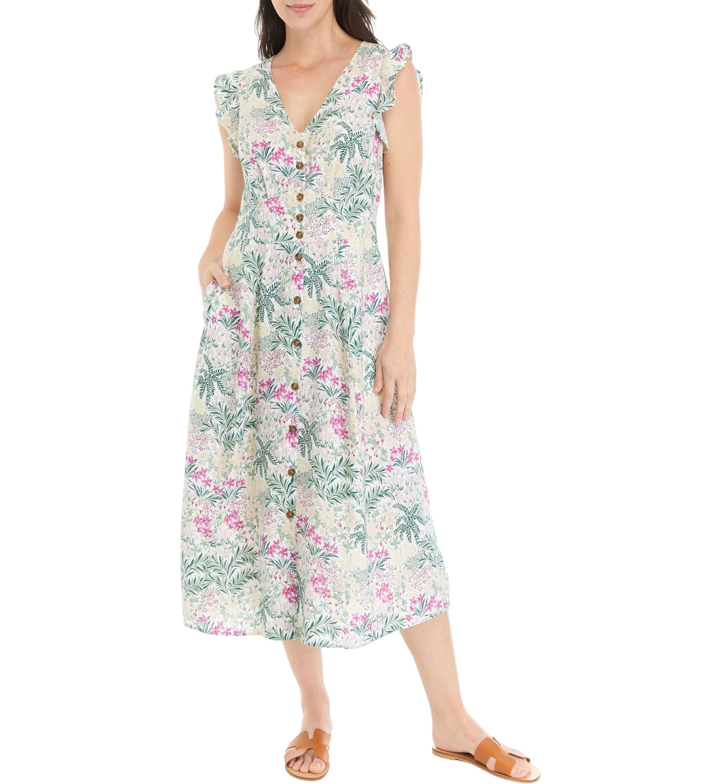 Womens Button Front Printed Midi Dress