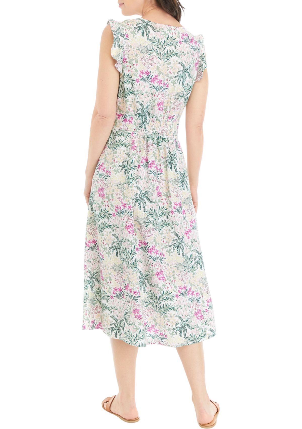 Womens Button Front Printed Midi Dress