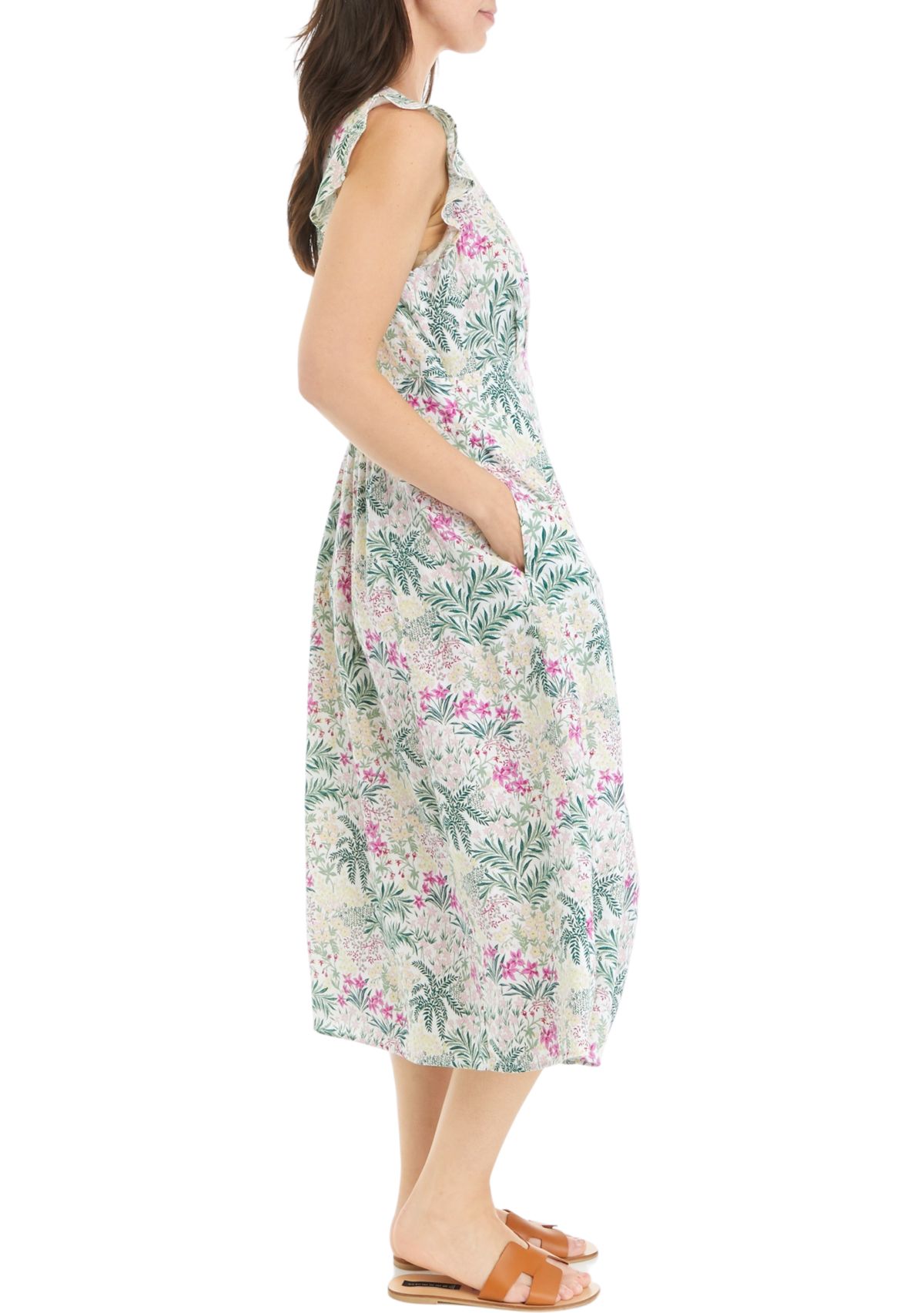 Womens Button Front Printed Midi Dress