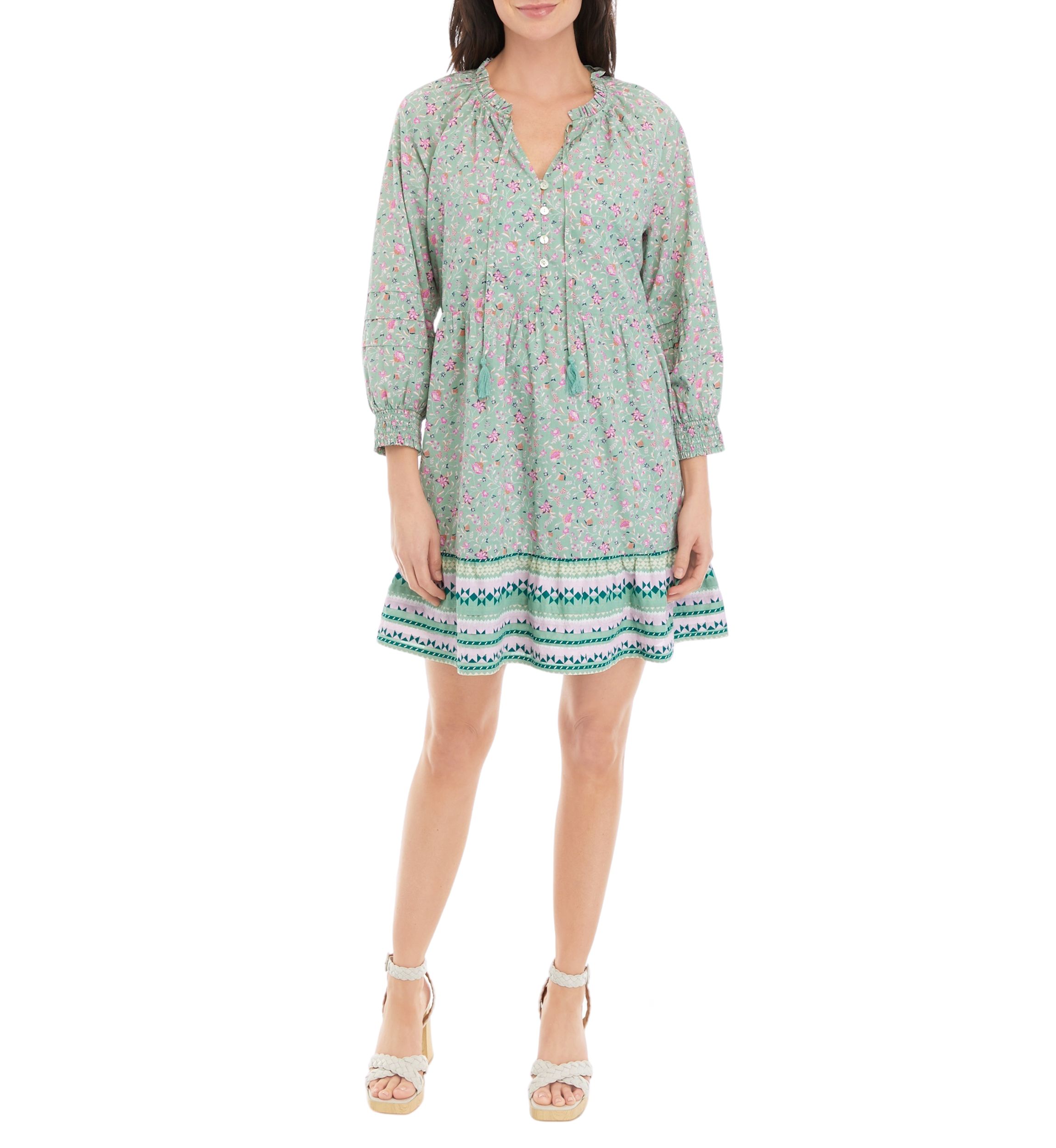 Womens Ruffle Neck Printed Mini Dress
