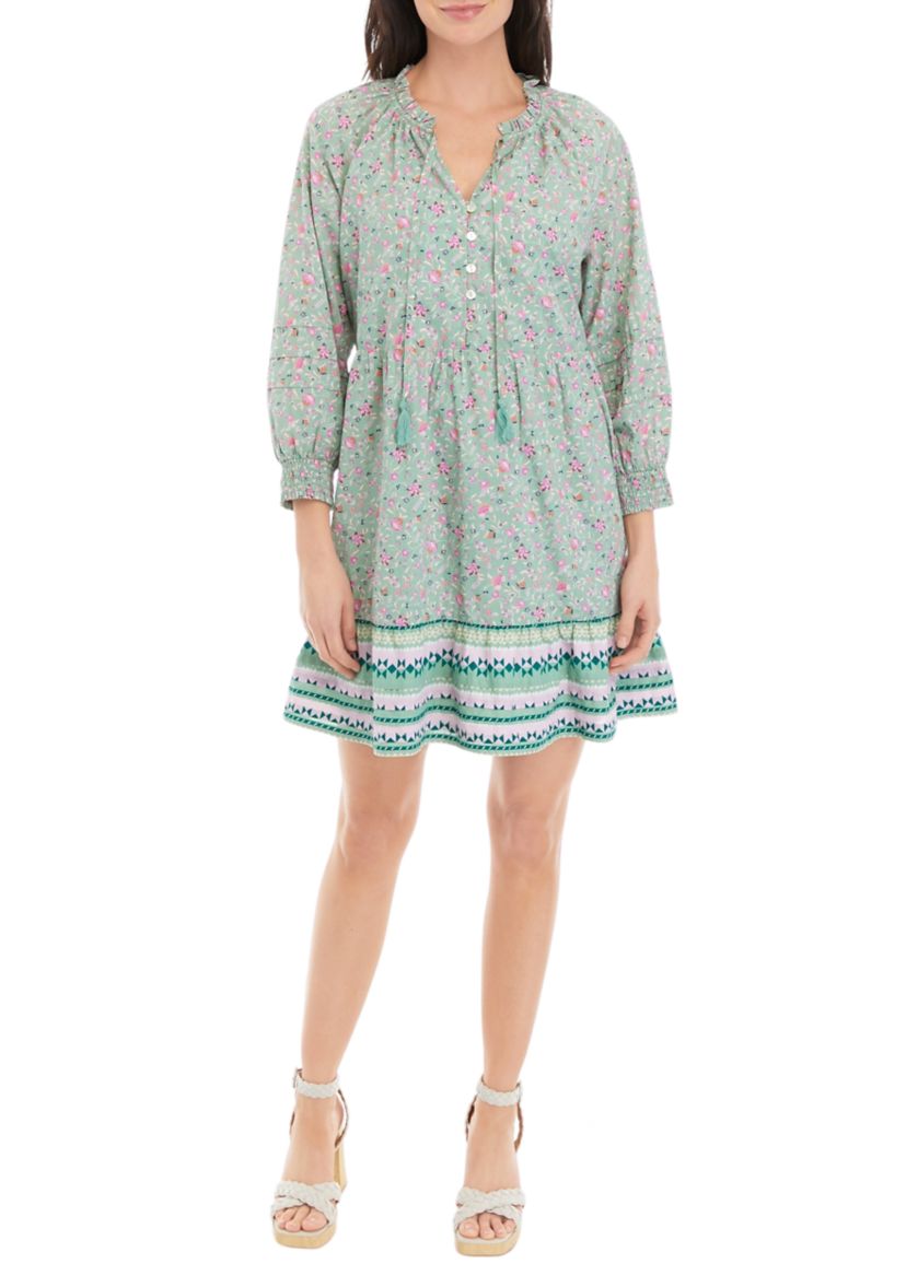Womens Ruffle Neck Printed Mini Dress