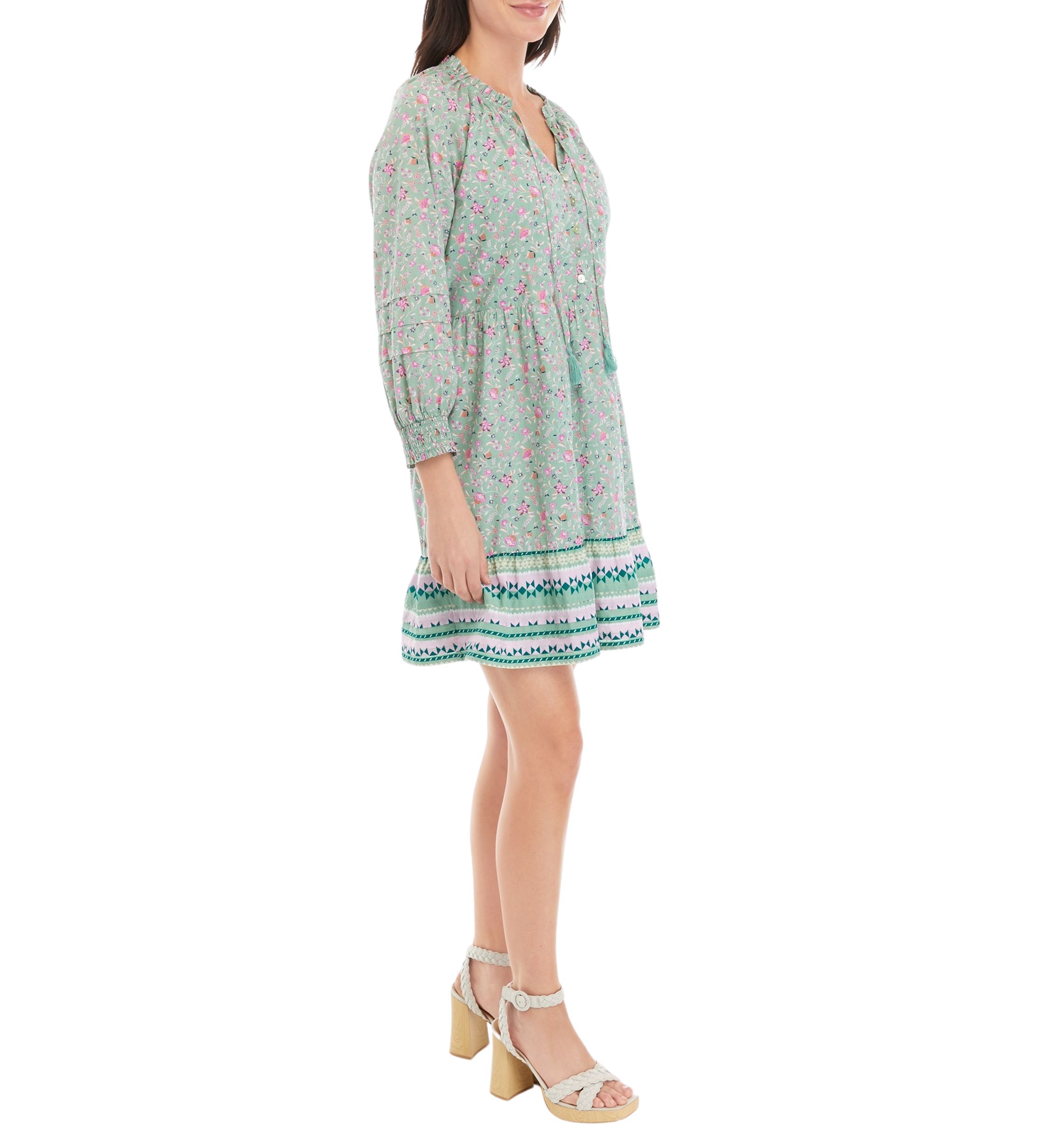 Womens Ruffle Neck Printed Mini Dress