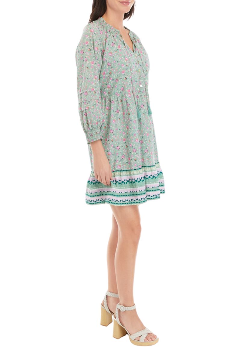 Womens Ruffle Neck Printed Mini Dress