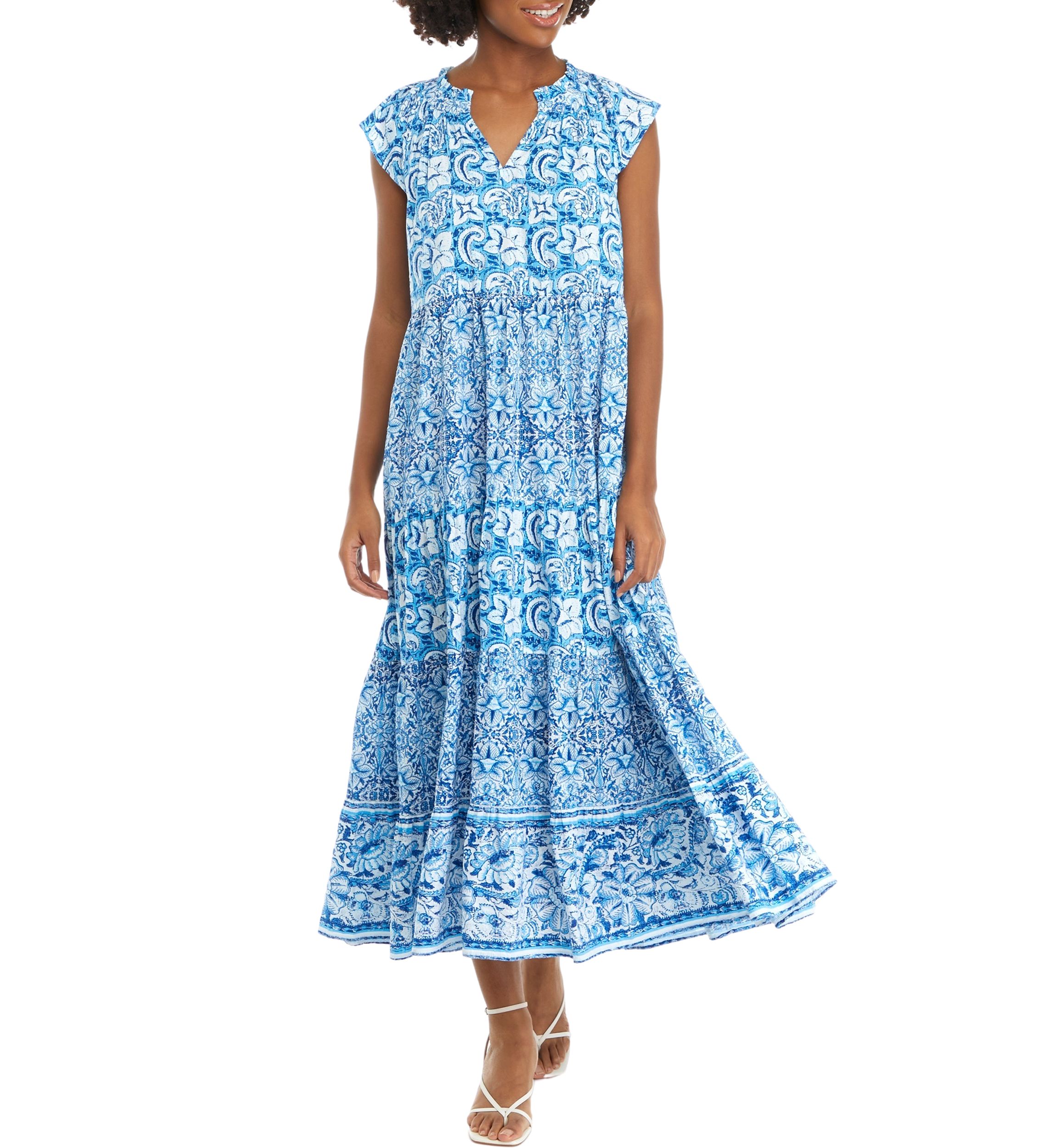Womens Flutter Sleeve Tiered Printed Maxi Dress