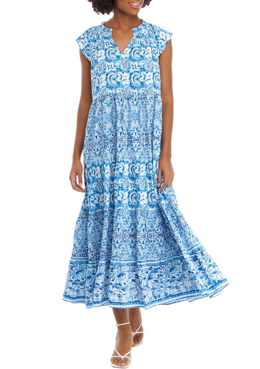 Womens Flutter Sleeve Tiered Printed Maxi Dress