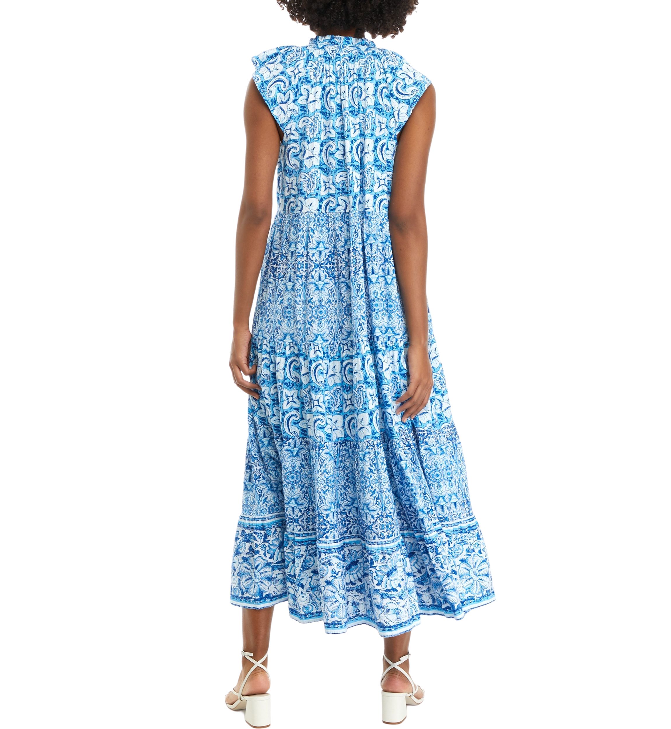 Womens Flutter Sleeve Tiered Printed Maxi Dress