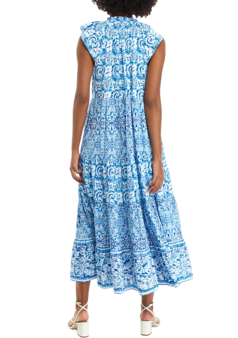 Womens Flutter Sleeve Tiered Printed Maxi Dress