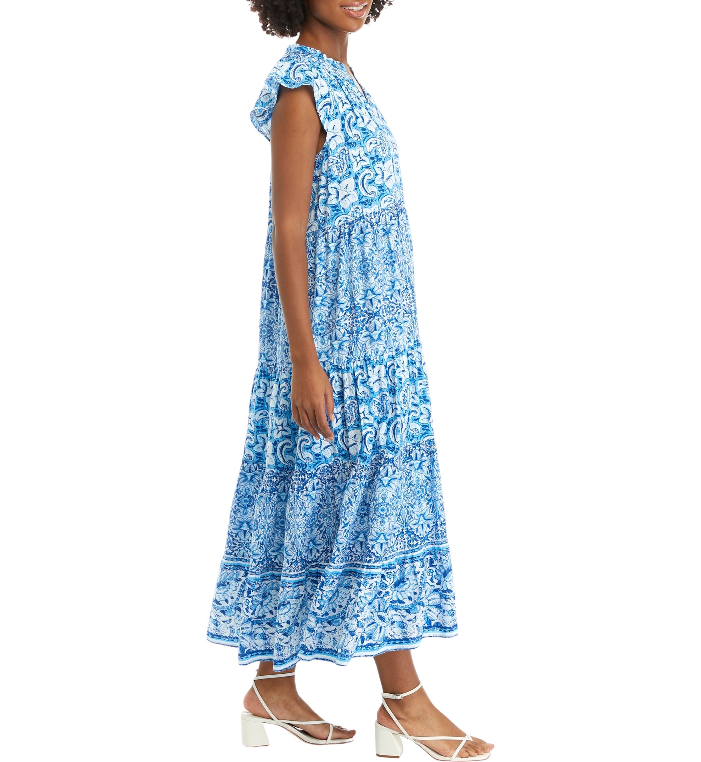 Womens Flutter Sleeve Tiered Printed Maxi Dress