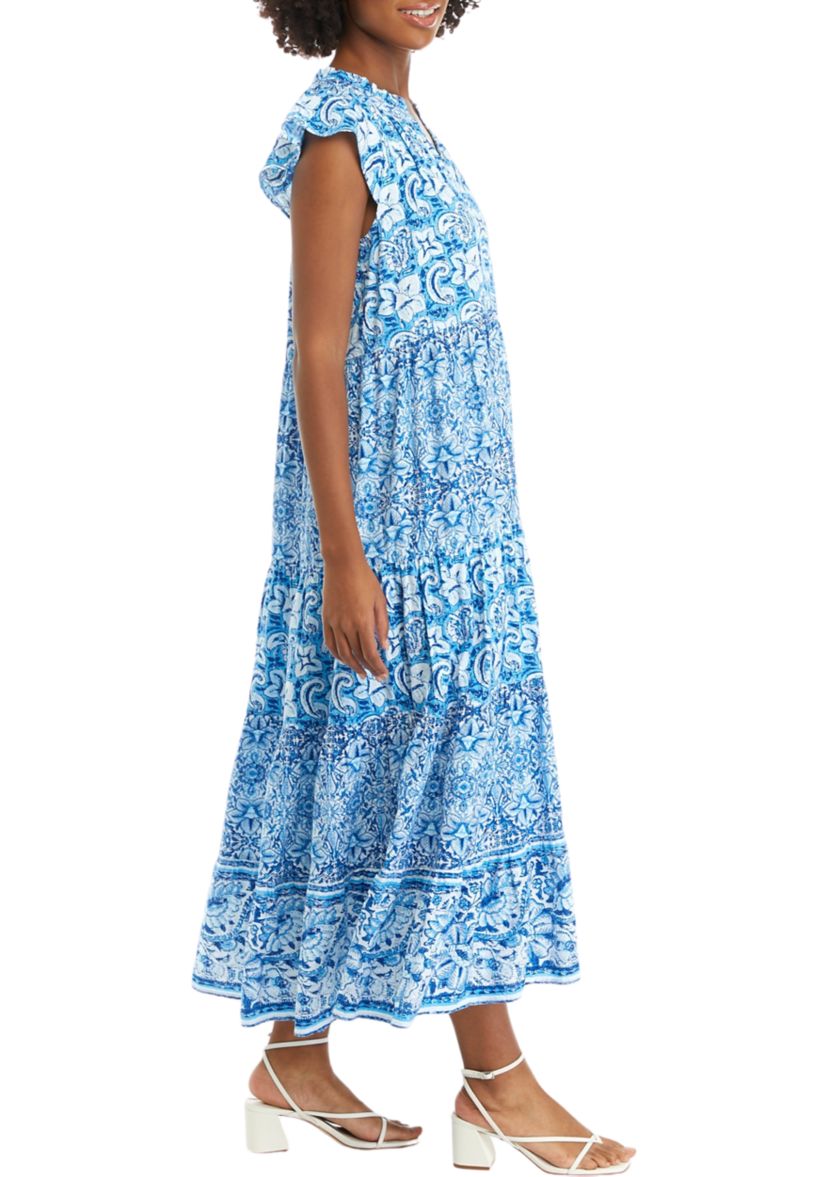 Womens Flutter Sleeve Tiered Printed Maxi Dress