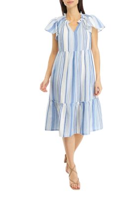 Wonderly Women's Flutter Sleeve Yarn Dyed Midi Dress, Blue, X-Large -  0480027357798