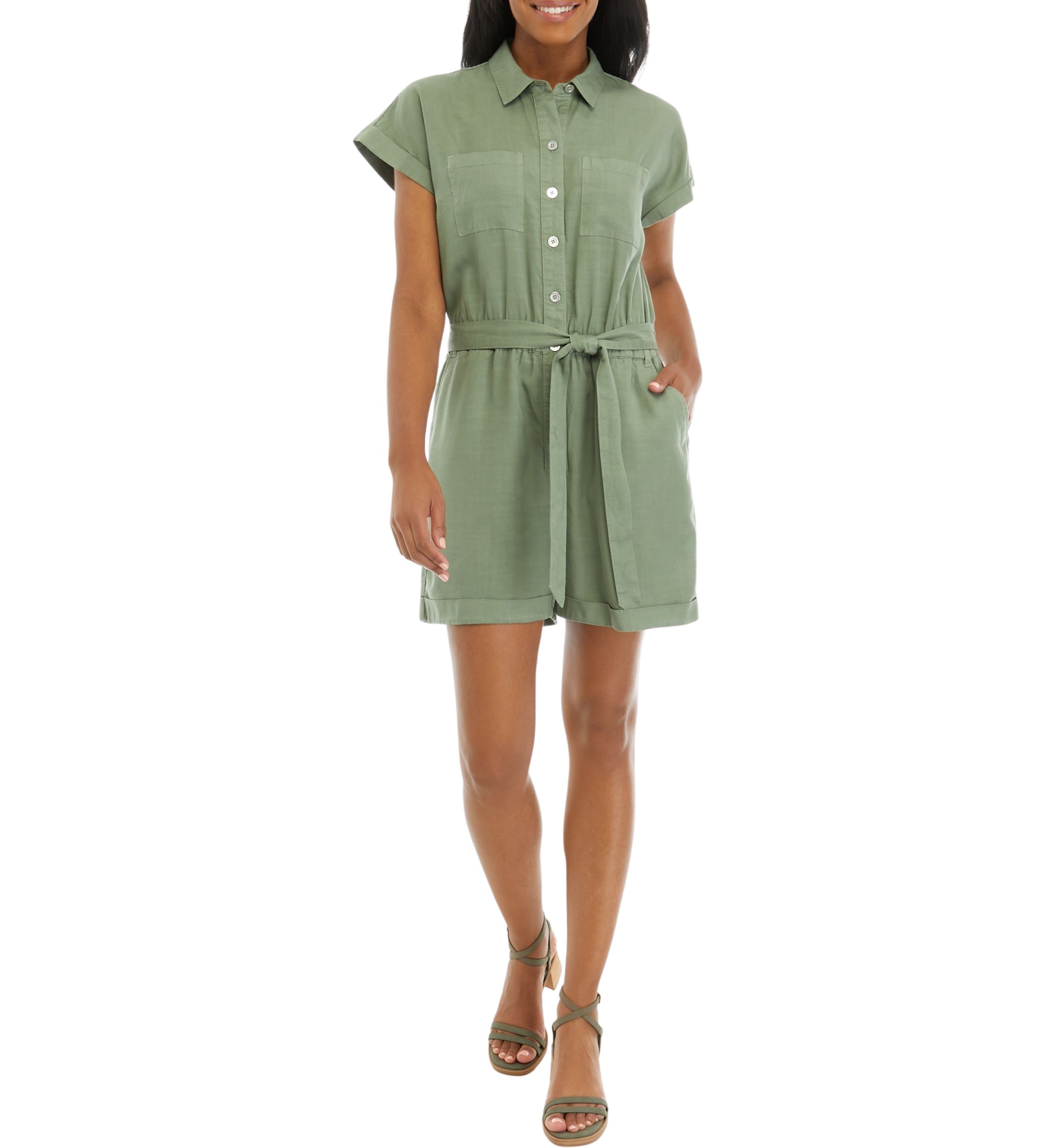 Womens Solid Tie Waist Romper