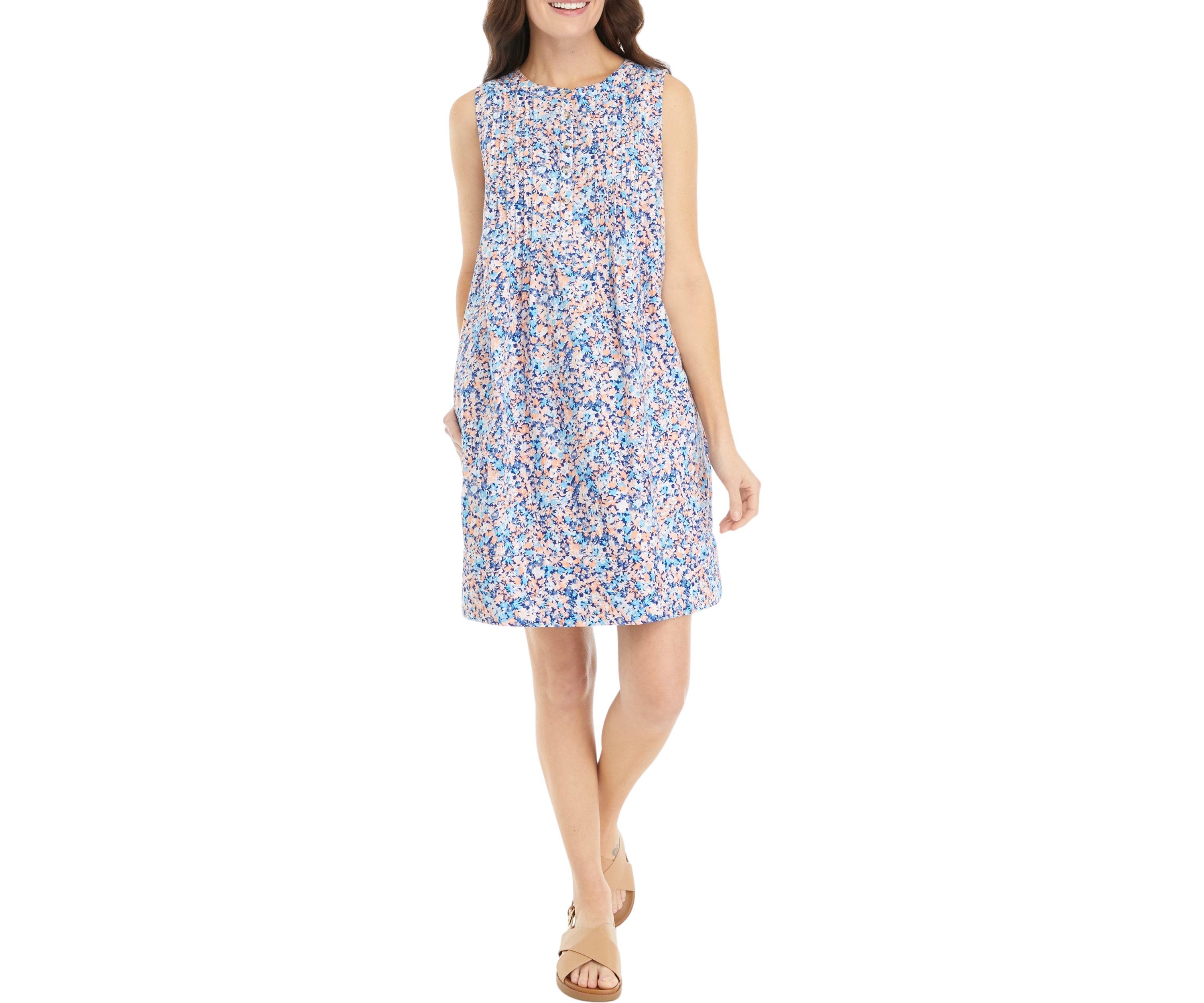 Womens Sleeveless Pintuck Printed Dress