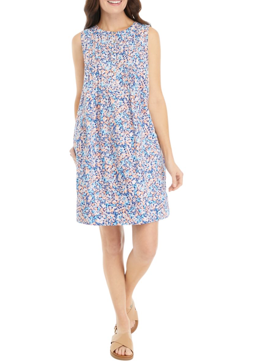 Womens Sleeveless Pintuck Printed Dress