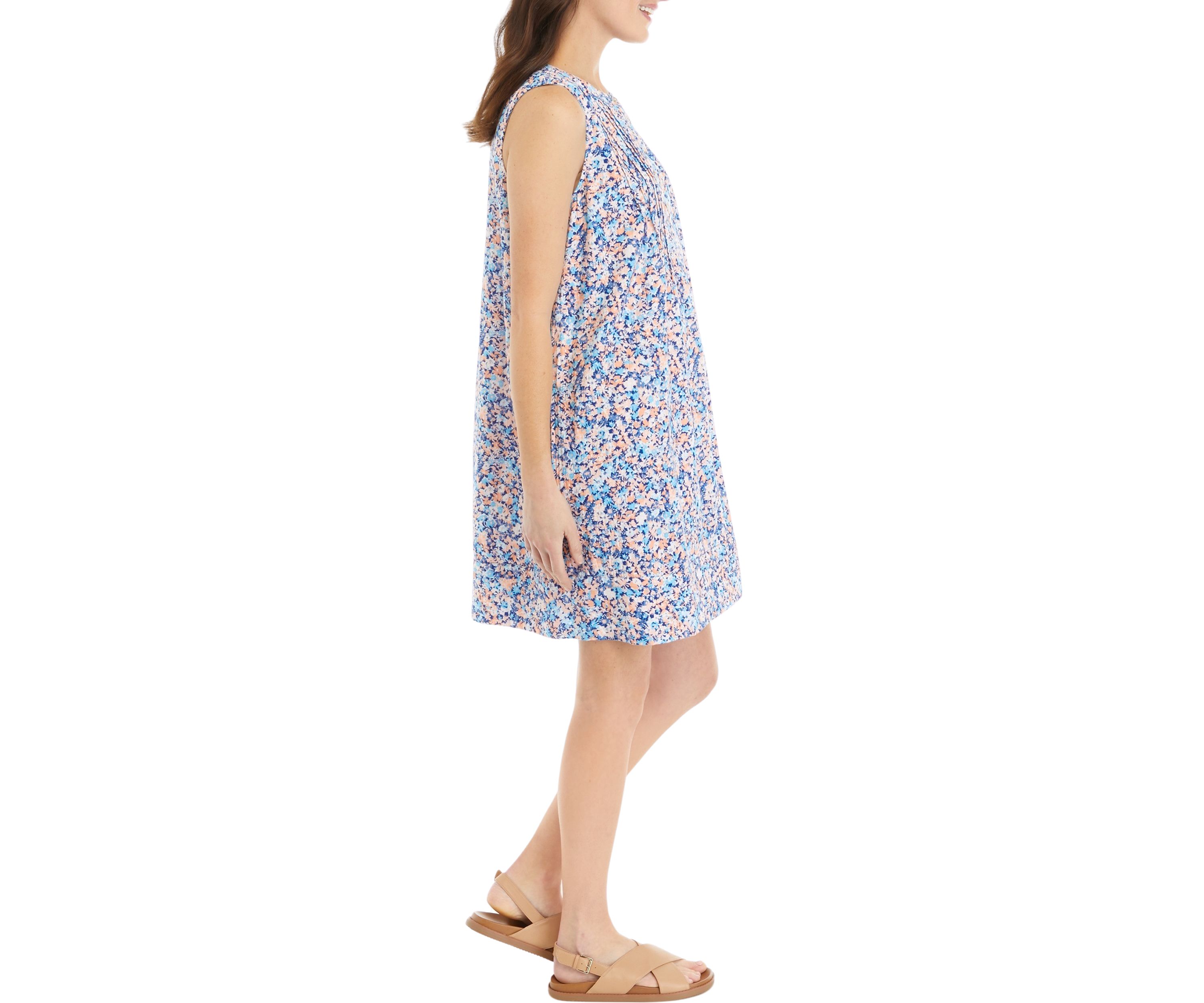 Womens Sleeveless Pintuck Printed Dress
