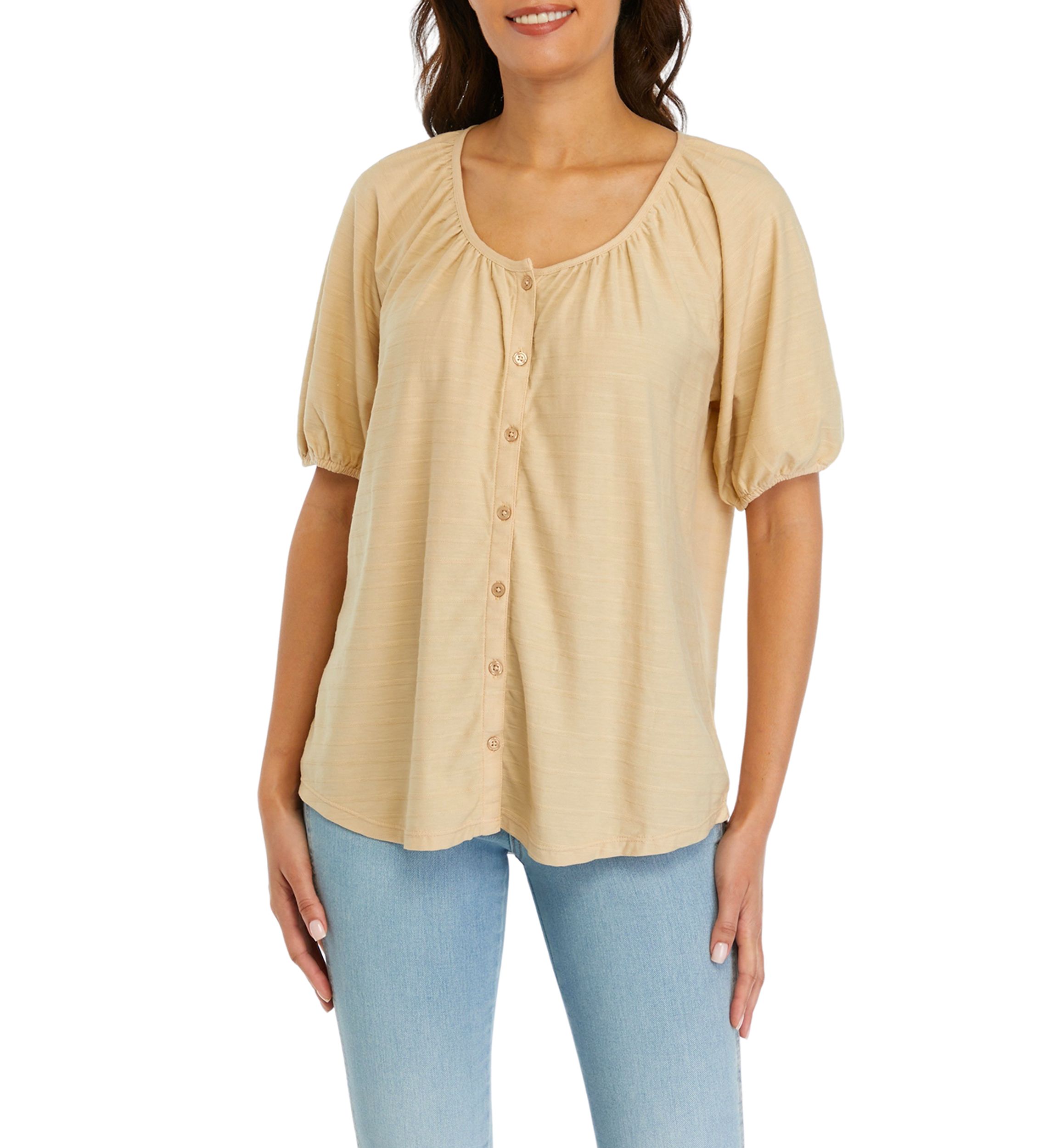 Womens Puff Sleeve Button Front Top 
