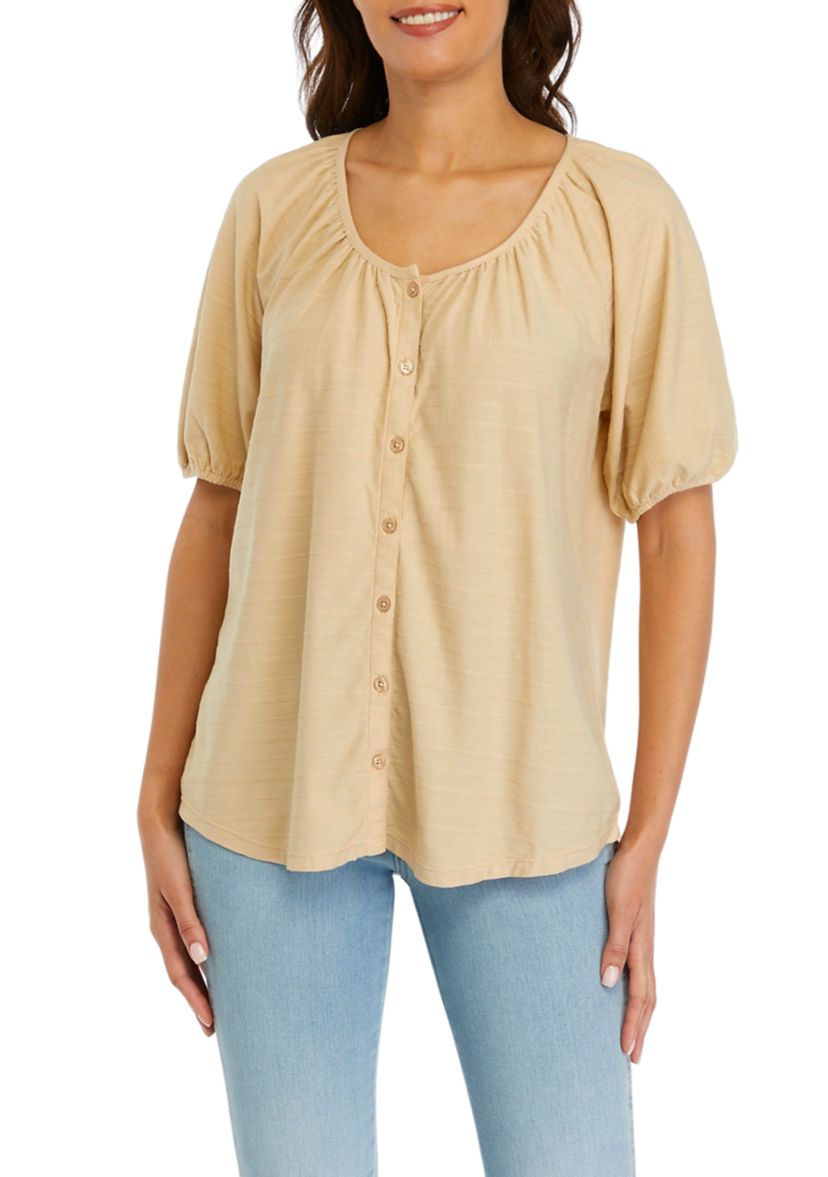 Womens Puff Sleeve Button Front Top 