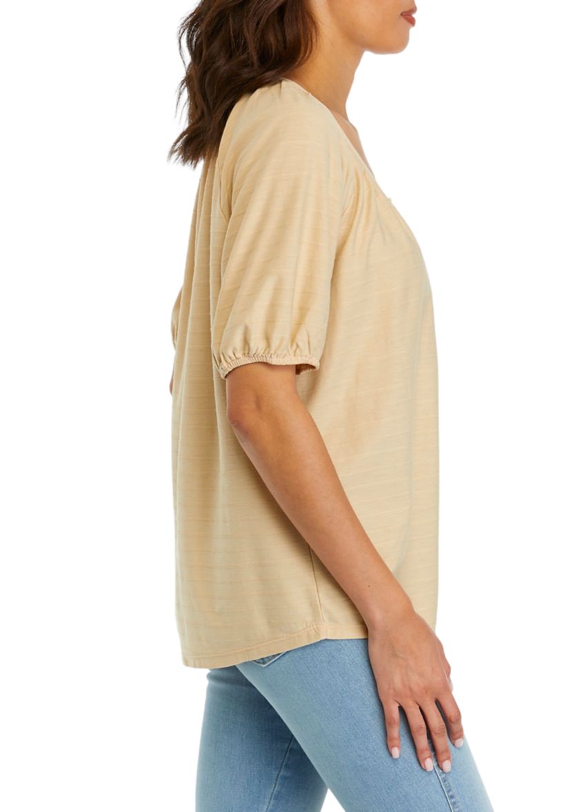 Womens Puff Sleeve Button Front Top 