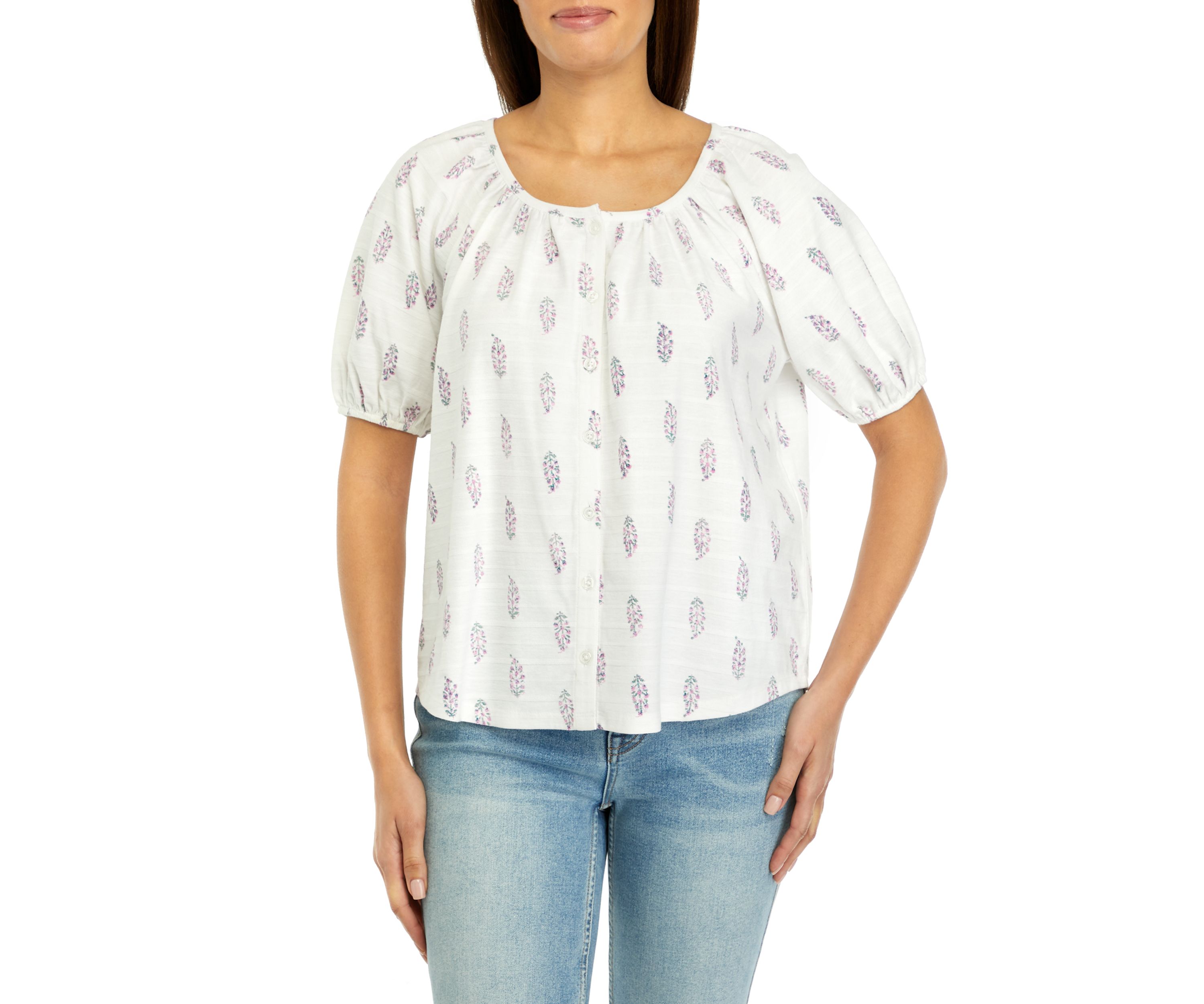 Womens Short Puff Sleeve Button Down Shirt
