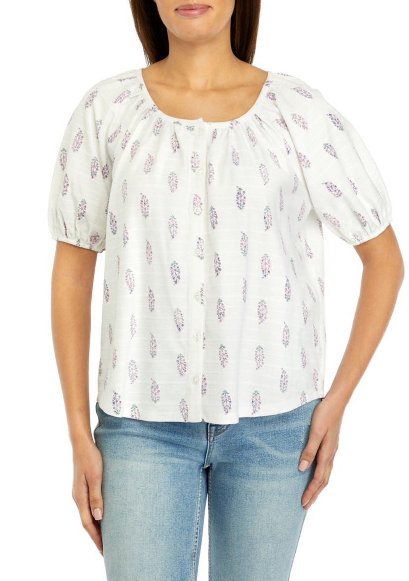 Womens Short Puff Sleeve Button Down Shirt