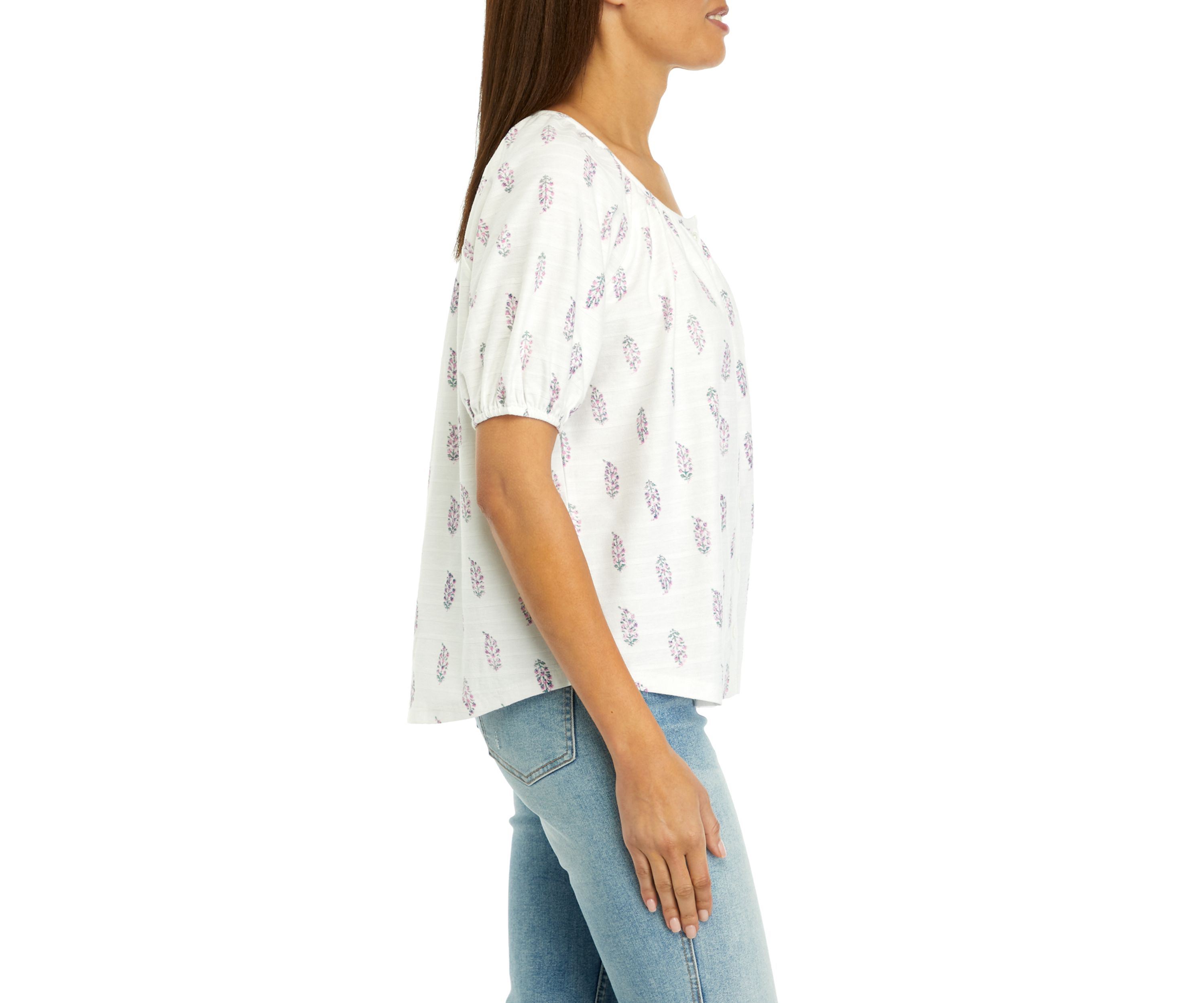 Womens Short Puff Sleeve Button Down Shirt