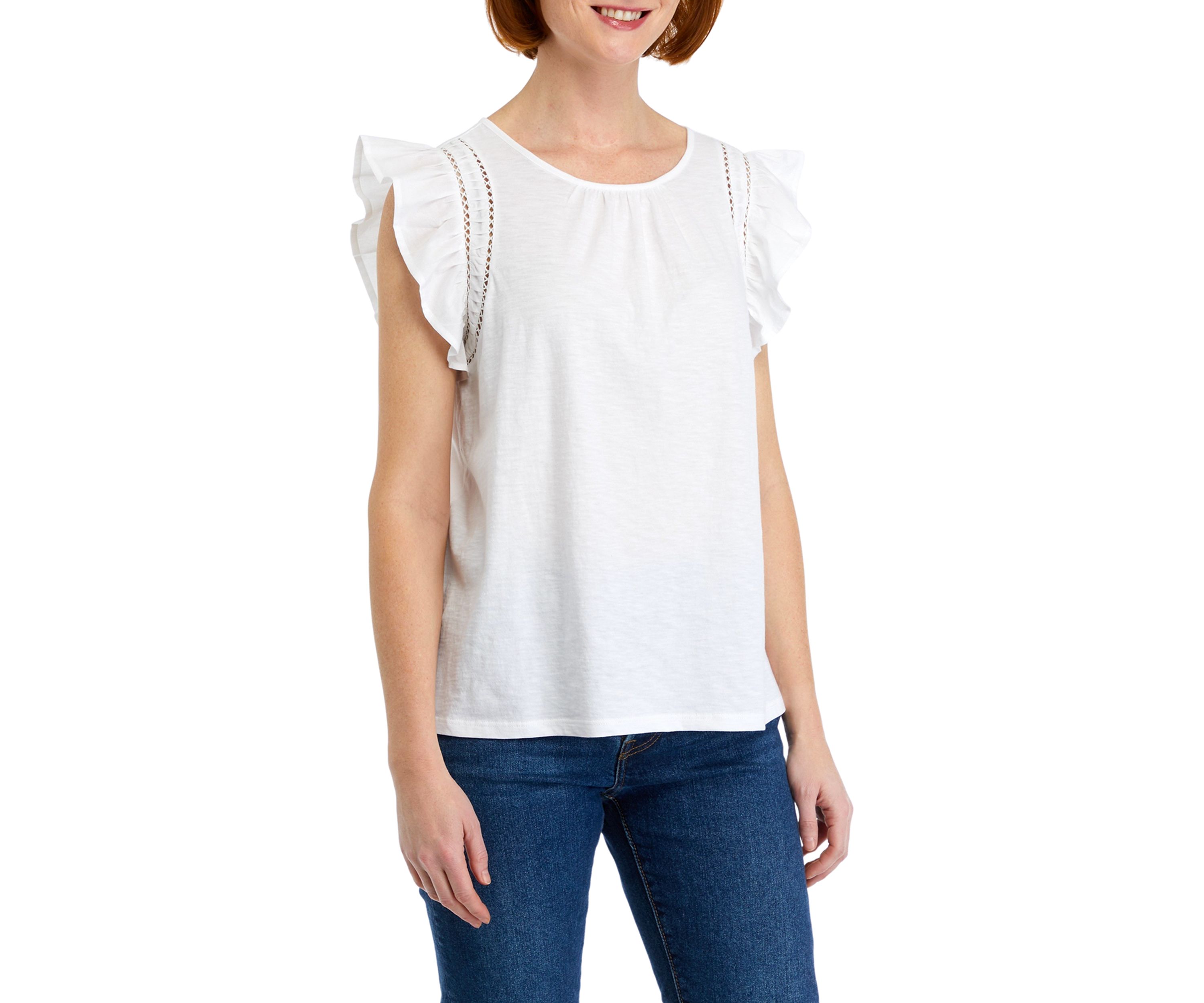 Womens Knit Woven Flutter Sleeve Top