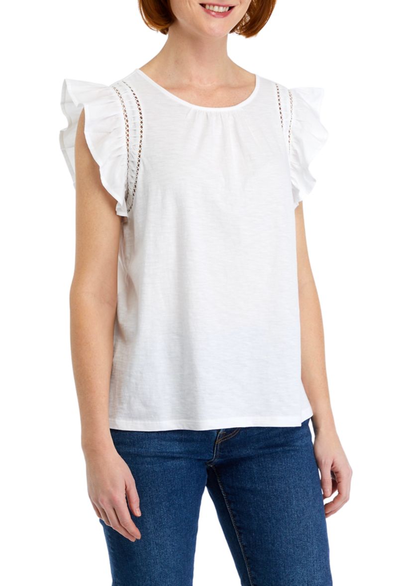 Womens Knit Woven Flutter Sleeve Top