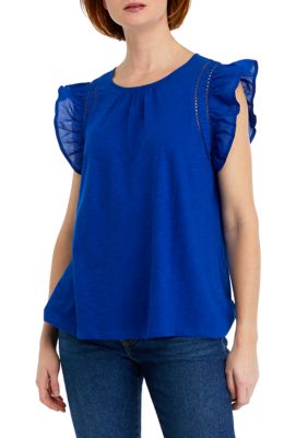 Wonderly Women's Knit Woven Flutter Sleeve Top, Blue, X-Large -  0480026950204