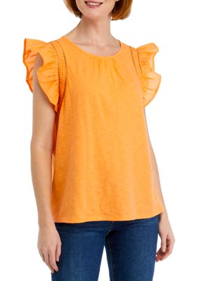 Wonderly Women's Knit Woven Flutter Sleeve Top, Orange, X-Large -  0480026950297