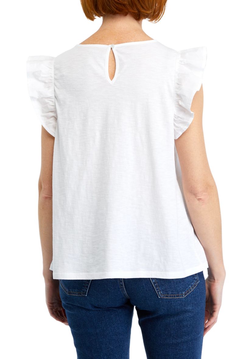 Womens Knit Woven Flutter Sleeve Top