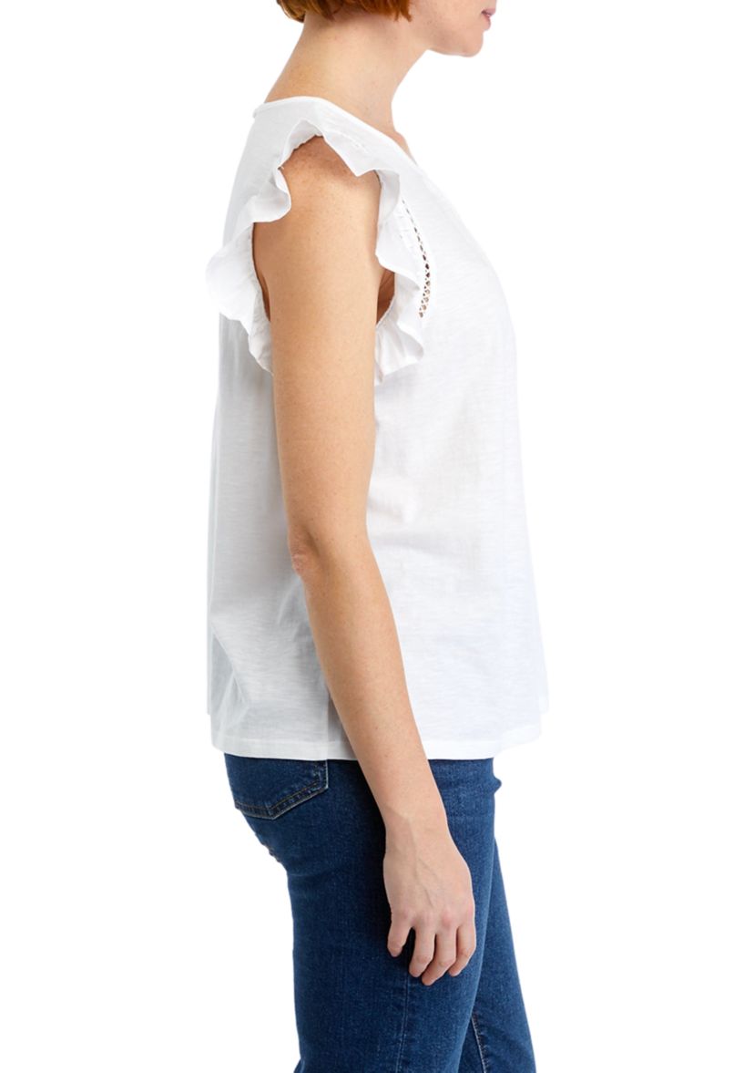 Womens Knit Woven Flutter Sleeve Top
