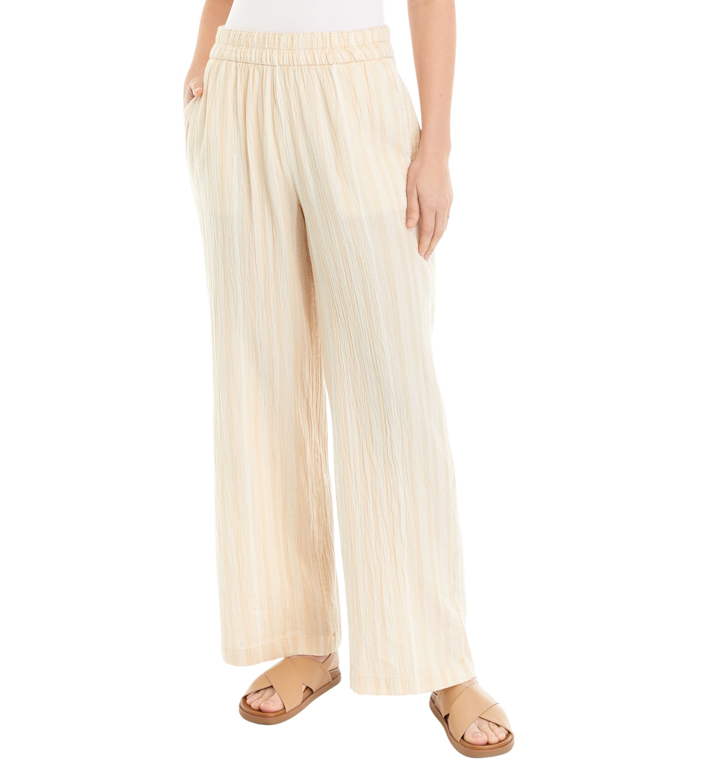 Womens Mid Rise Pull On Wide Leg Yarn Dyed Pants