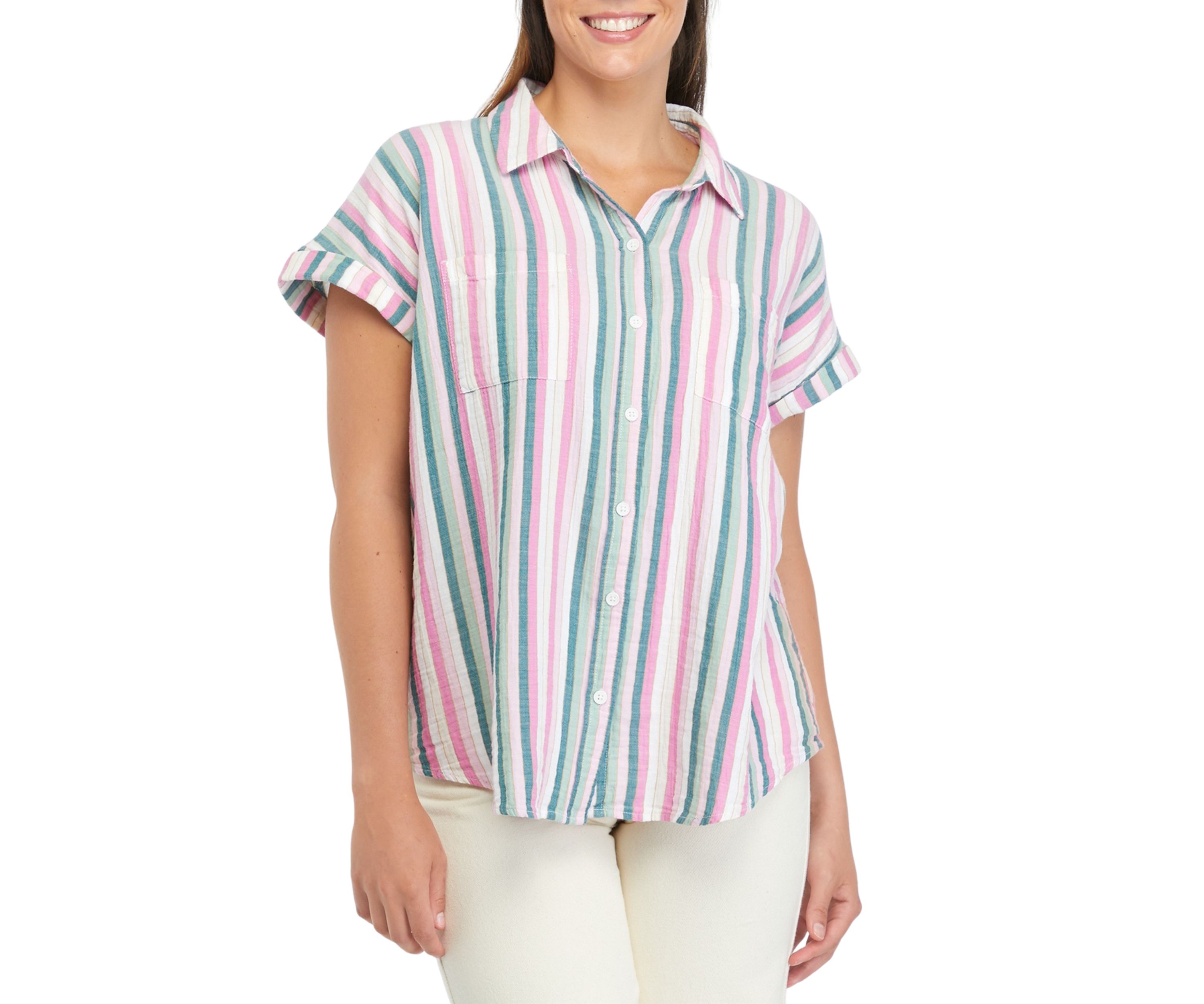 Womens Short Sleeve Stripe Camp Top