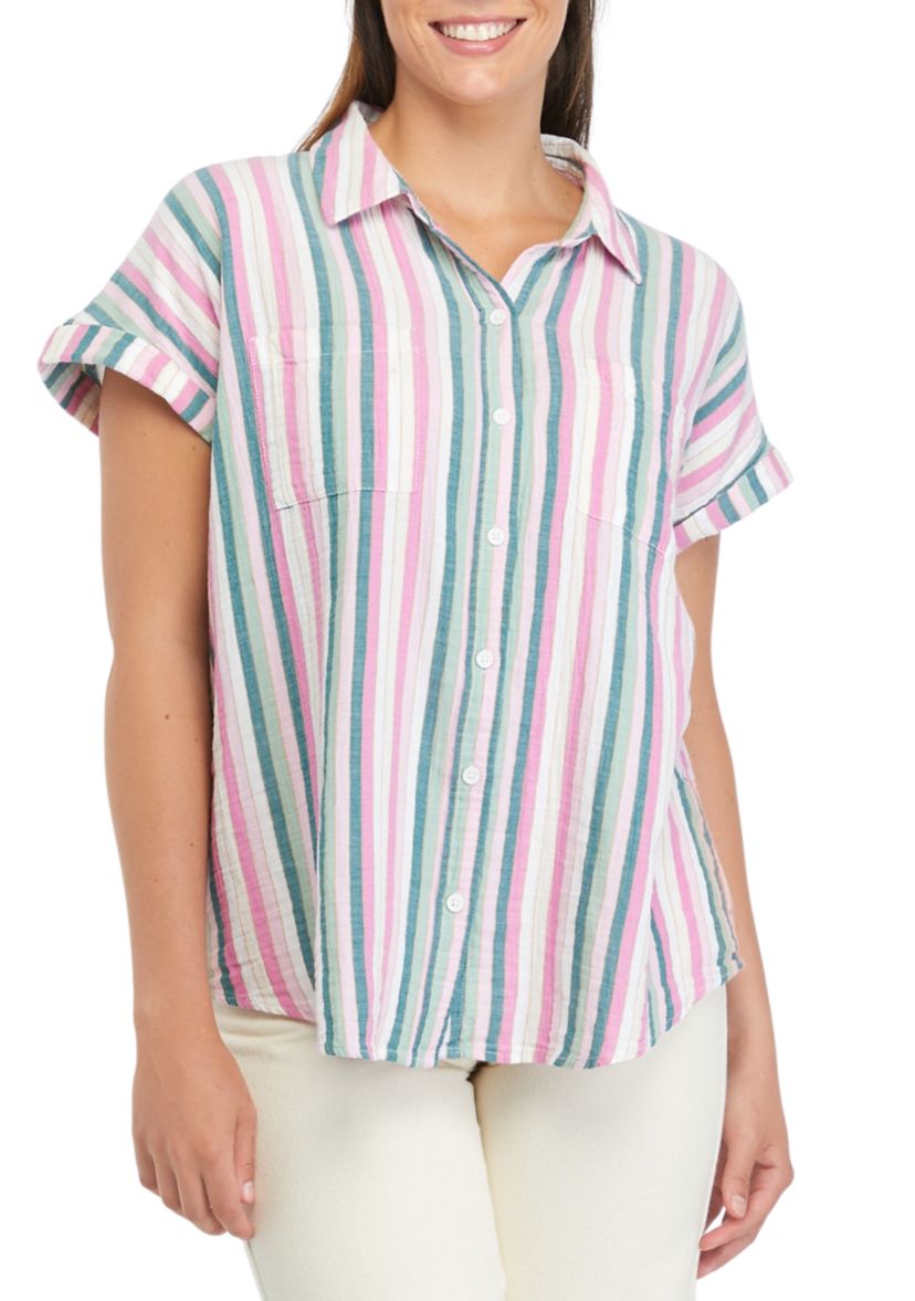 Womens Short Sleeve Stripe Camp Top